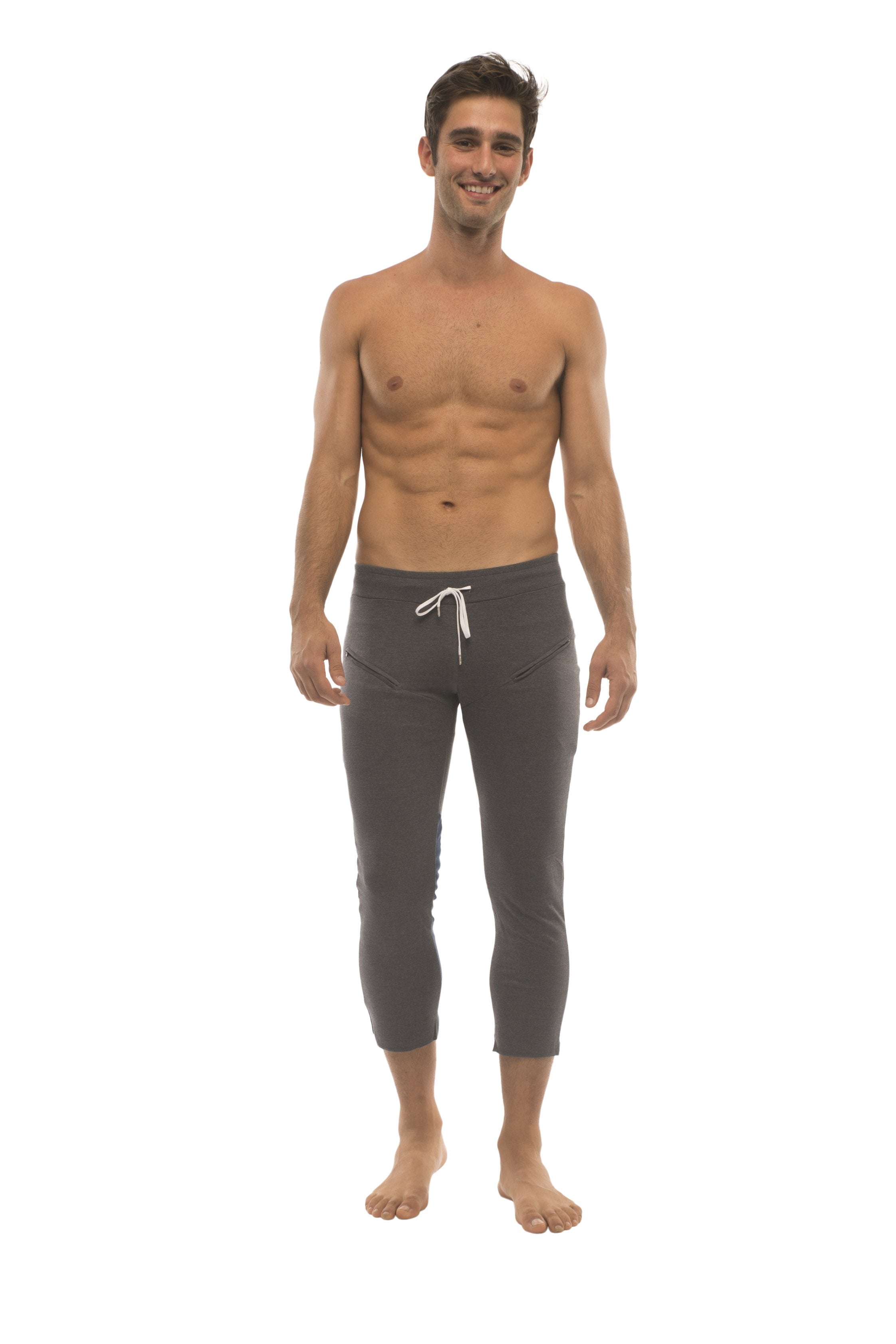 Mens charcoal capri yoga pants with white drawstring waistband and zipper pockets for activewear use