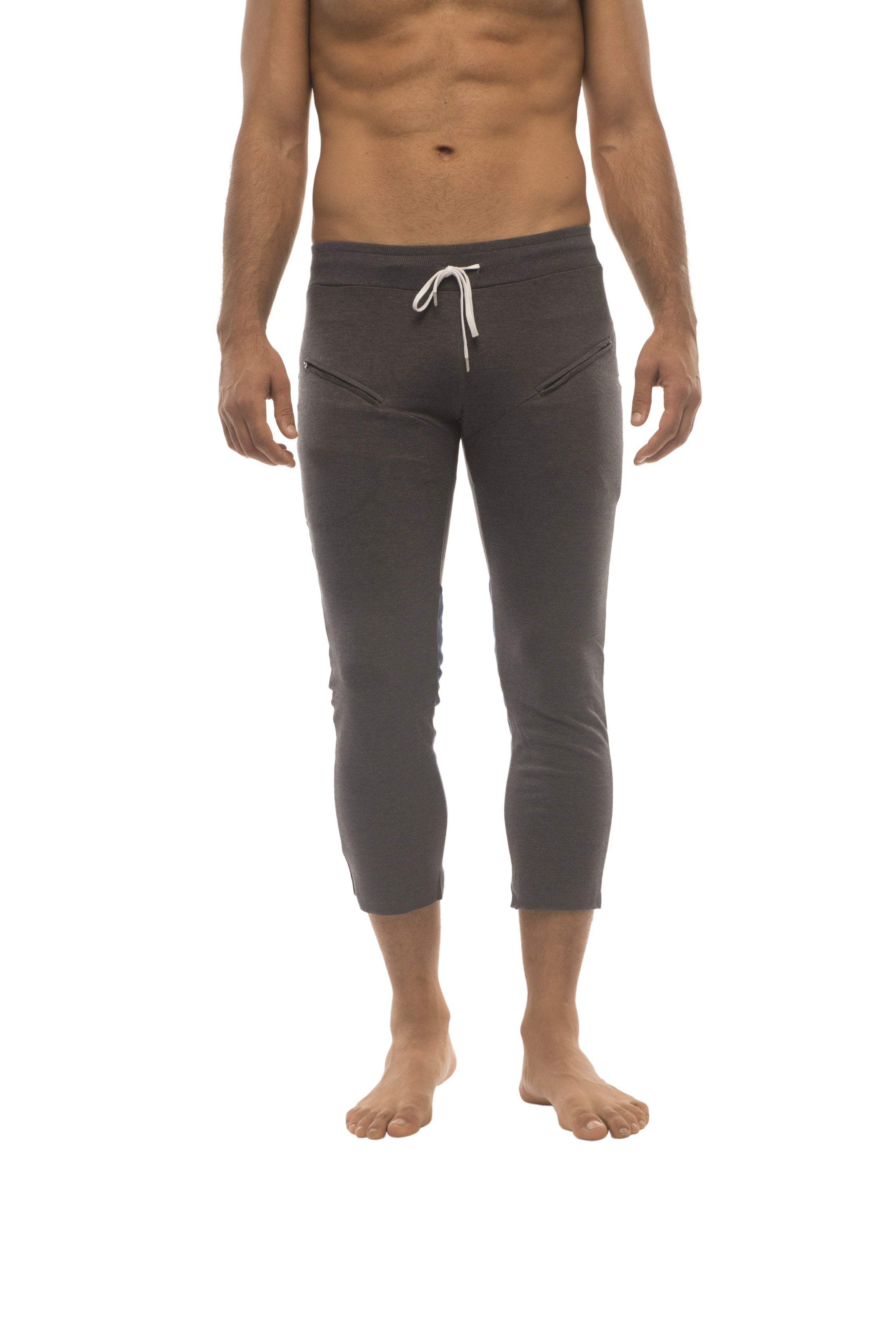 Men’s charcoal capri yoga pants with white drawstring waistband and side pockets for active wear