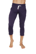 Navy blue cropped jogger pants with white drawstring waistband and side pockets for men 4/5 zipper pocket capri yoga pants