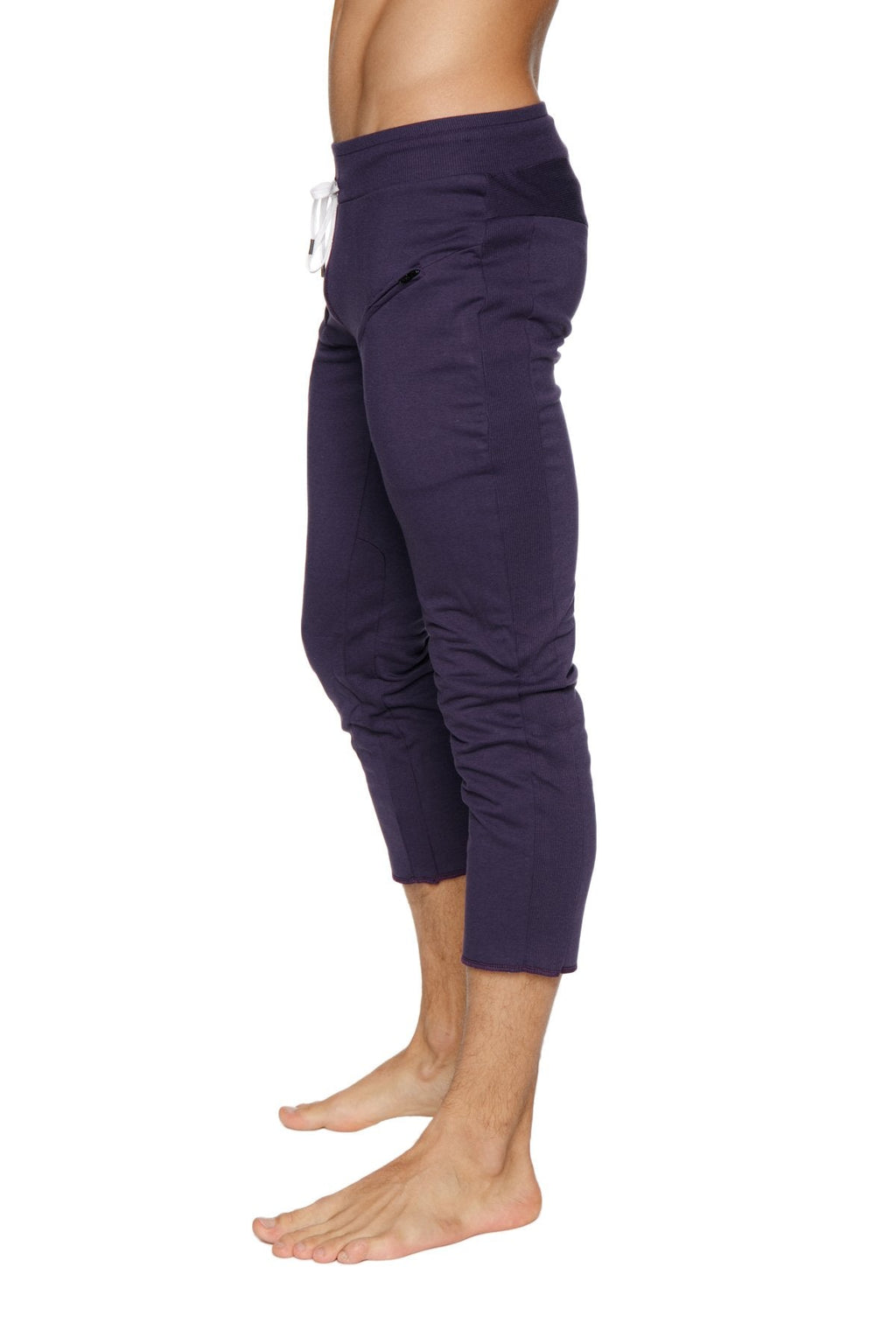 Mens navy blue capri yoga pants with white drawstring waistband and side pockets for athletic use