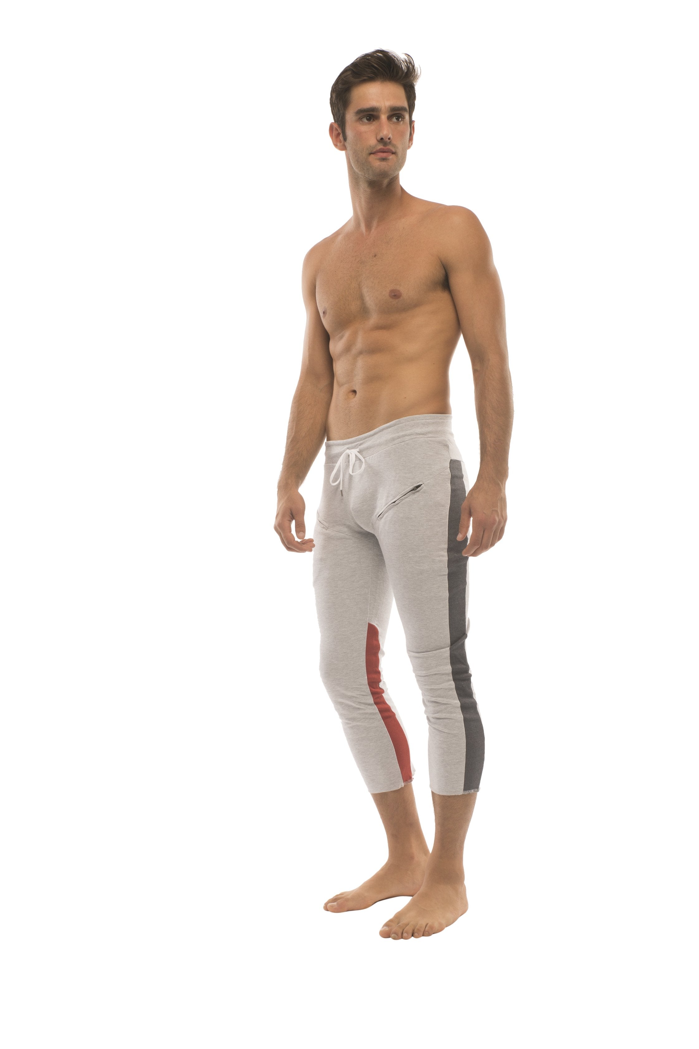 Mens 4/5 zipper pocket capri yoga pants in white with gray and red side stripes and drawstring waistband