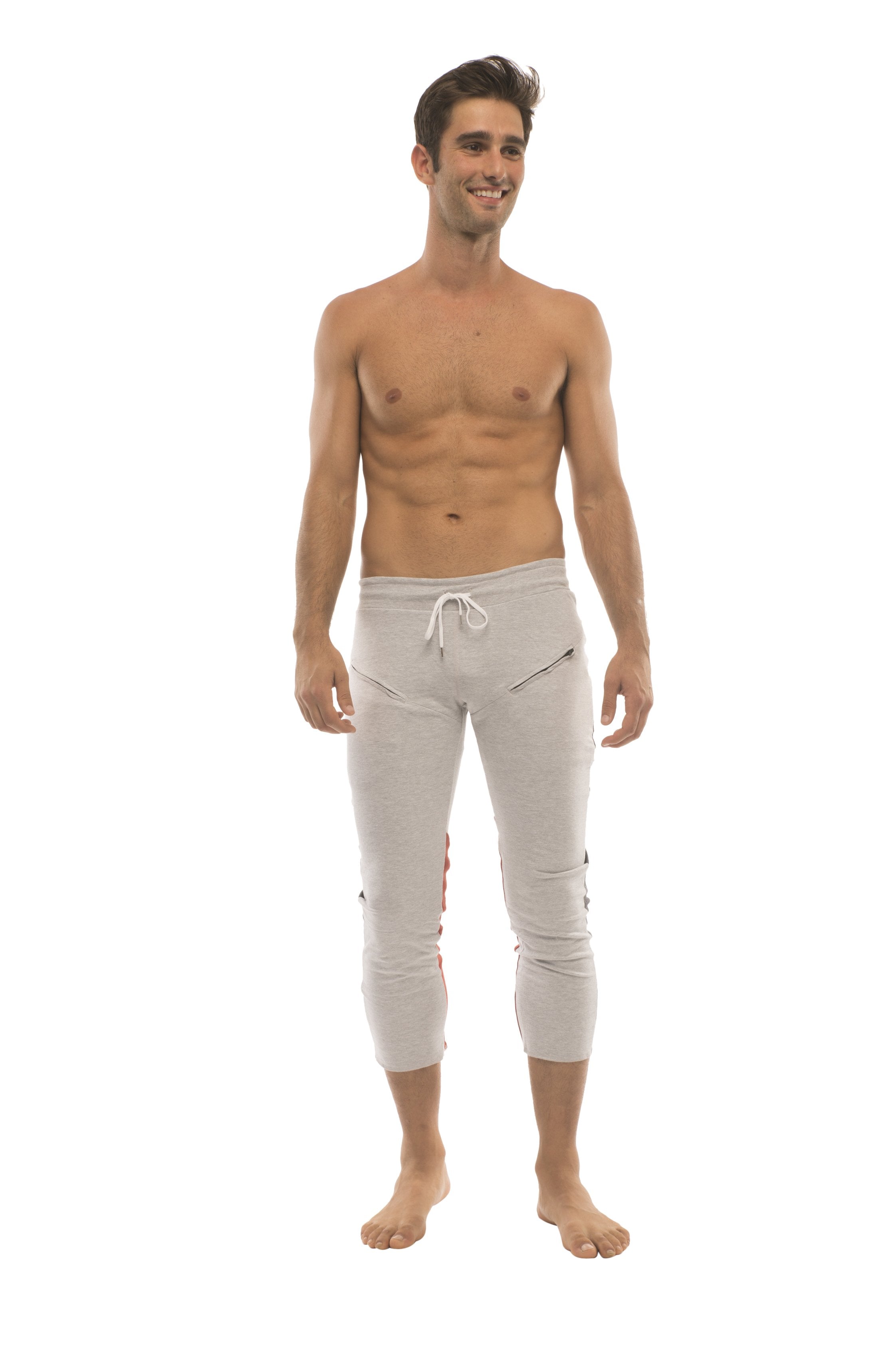 Light gray mens 4/5 zipper pocket capri yoga pants with white drawstring and side pockets for casual wear