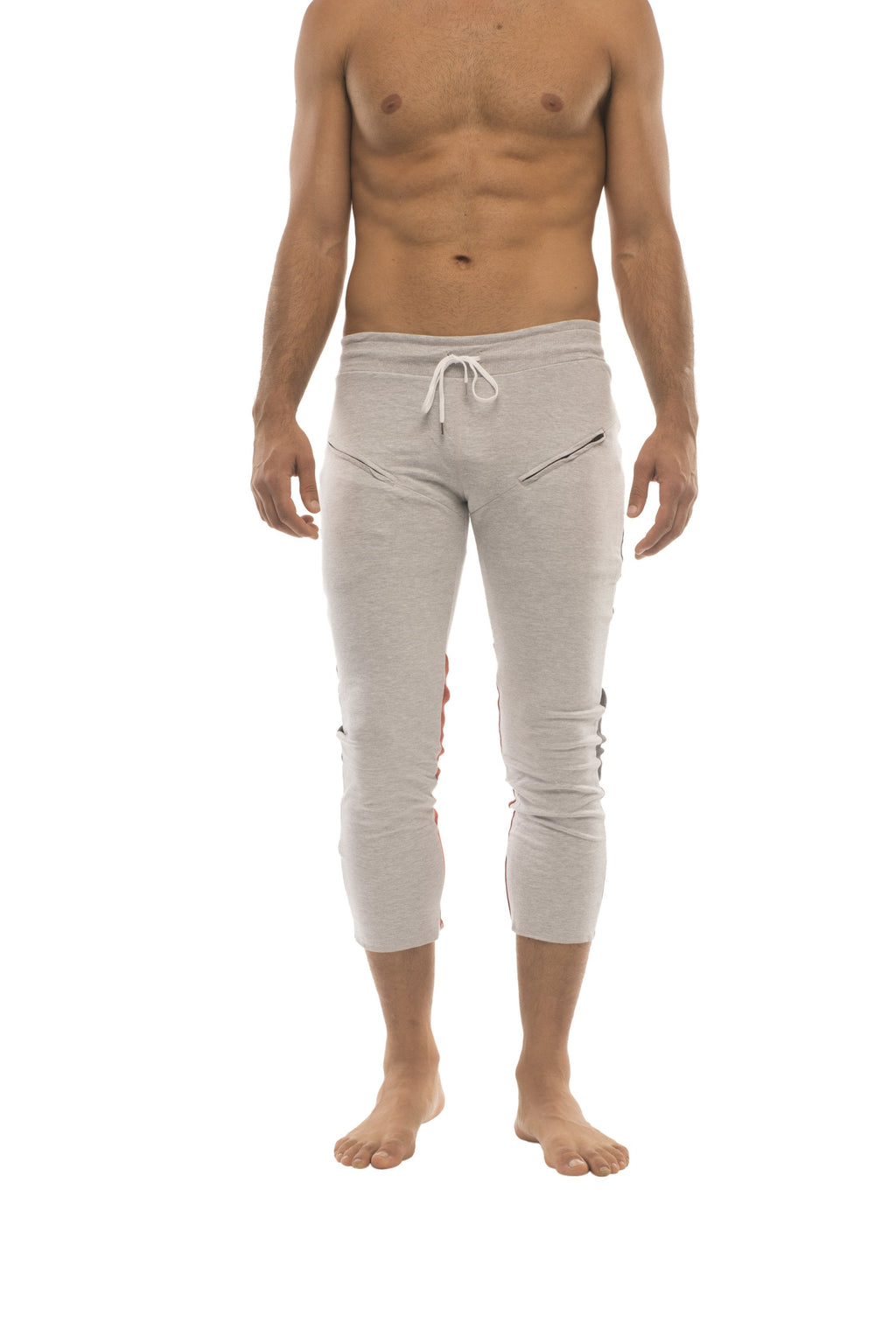 Light gray mens 4/5 zipper pocket capri yoga pants with white drawstring waistband and zipper pockets