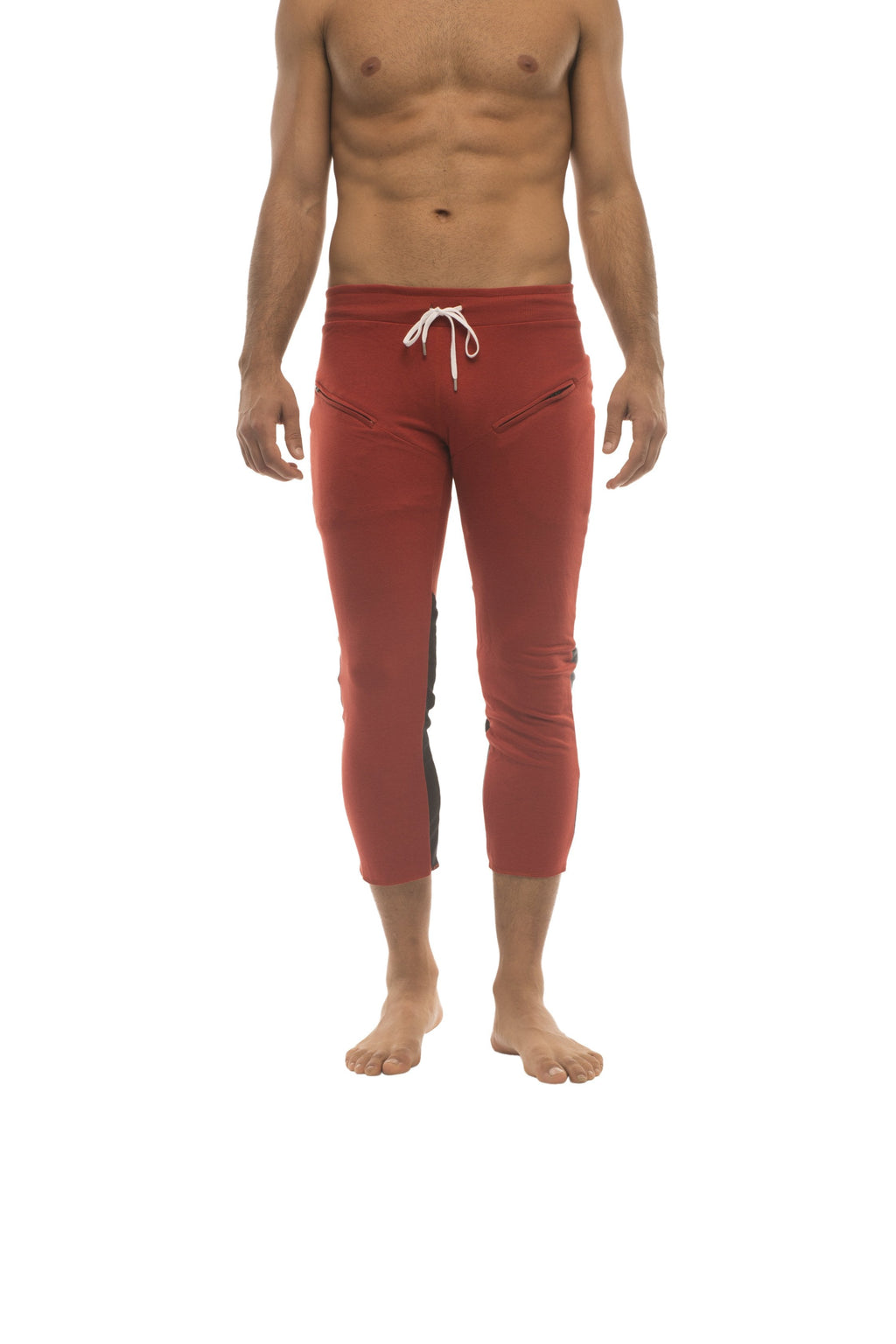 Mens 4/5 zipper pocket capri yoga pants in red with charcoal and black side panels and white drawstring waistband