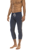 Mens navy blue capri yoga pants with white drawstring waistband black side panels and zipper pockets for active wear