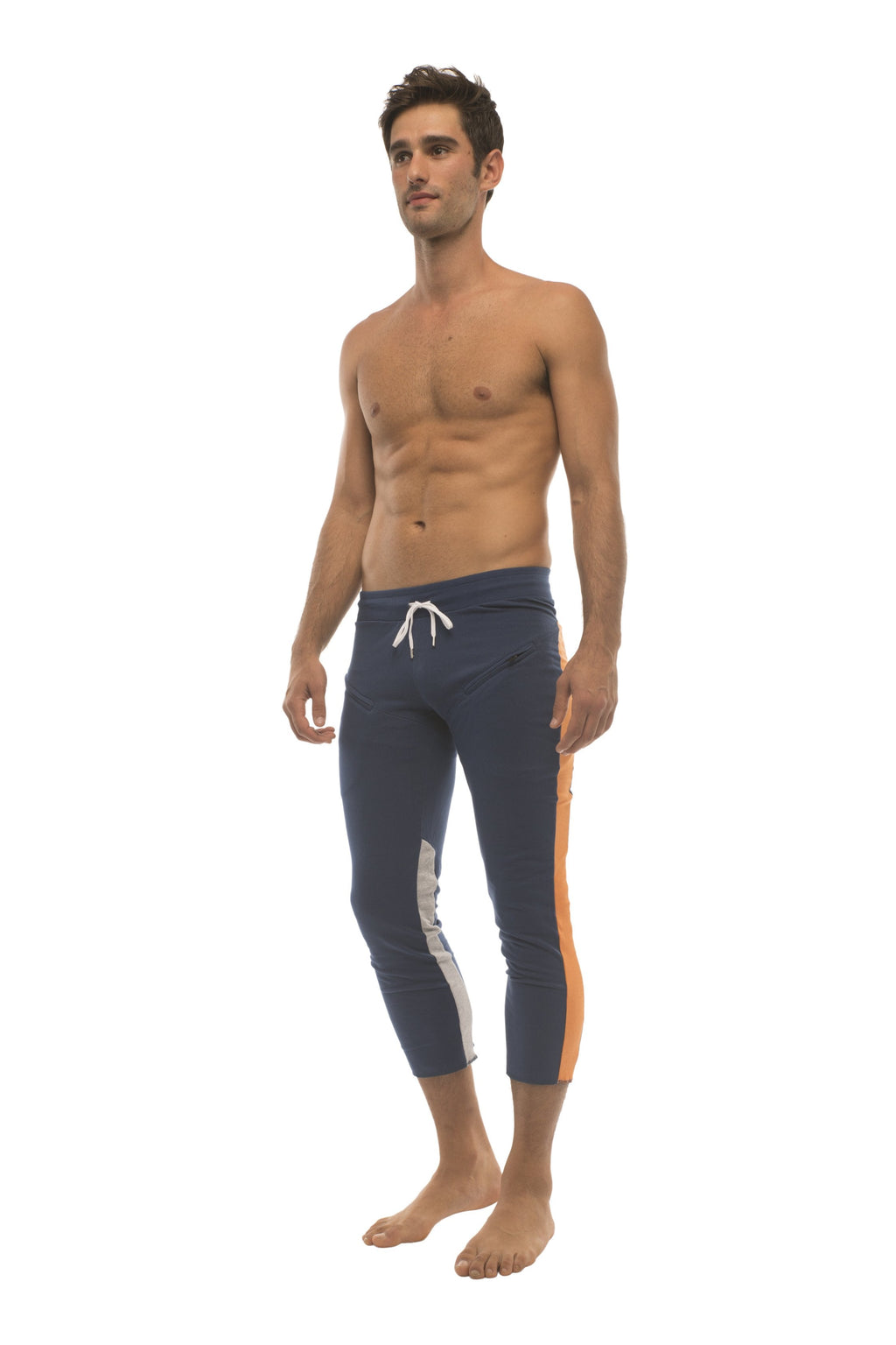 Mens navy blue swim trunks with white and orange side stripes and white drawstring waistband for active wear