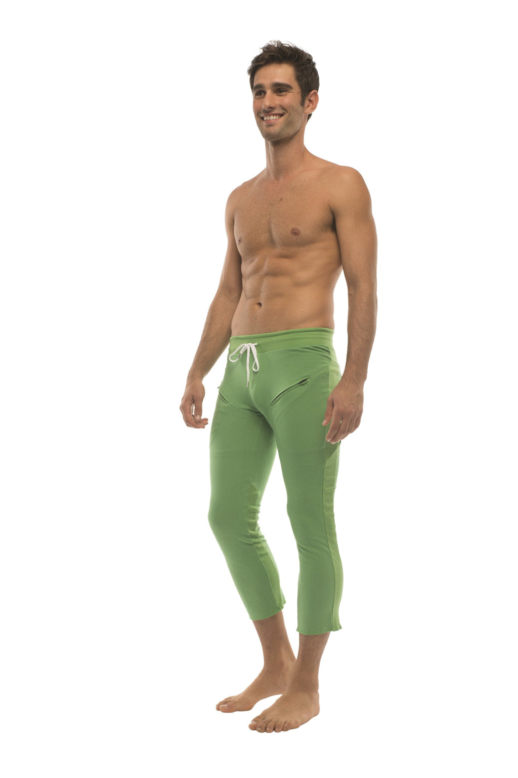 Mens solid bamboo green capri yoga pants with 4/5 zipper pockets and white drawstring waistband