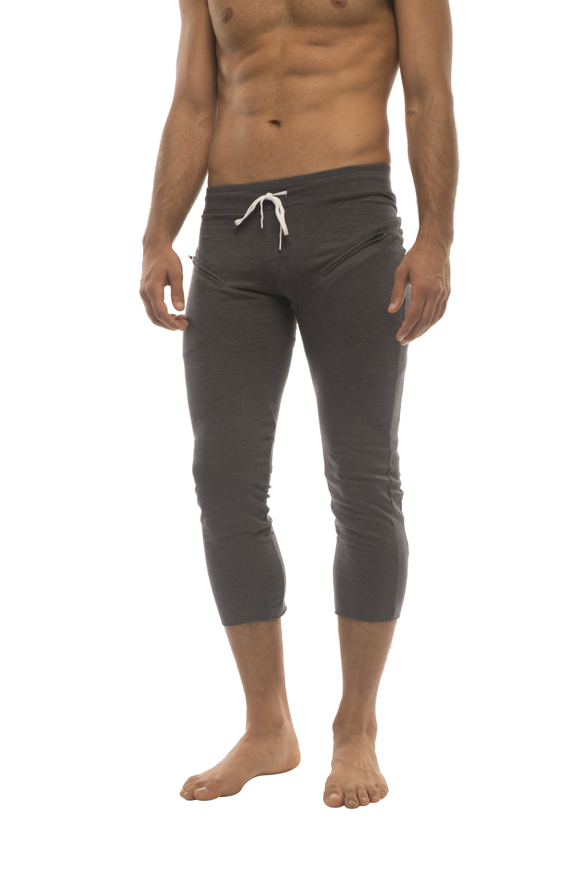 Mens solid charcoal capri yoga pants with white drawstring waistband and side pockets for active wear
