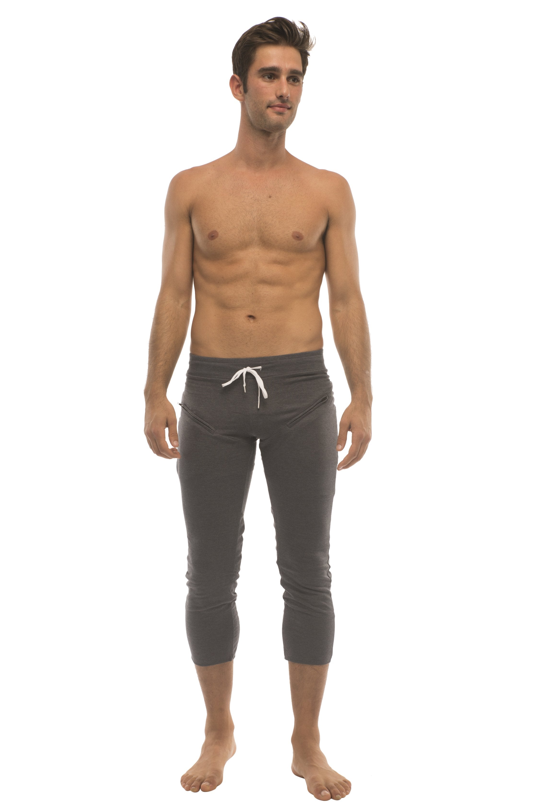 Mens solid charcoal stretchy fabric capri yoga pants with 4/5 zipper pockets and white drawstring waistband