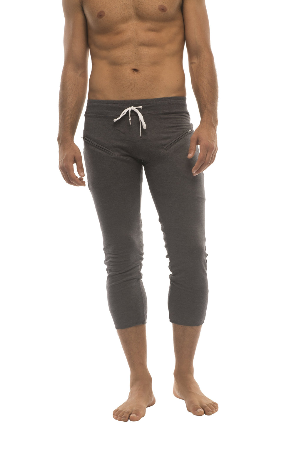 Mens solid charcoal 4/5 zipper pocket capri yoga pants with white drawstring waistband and side pockets