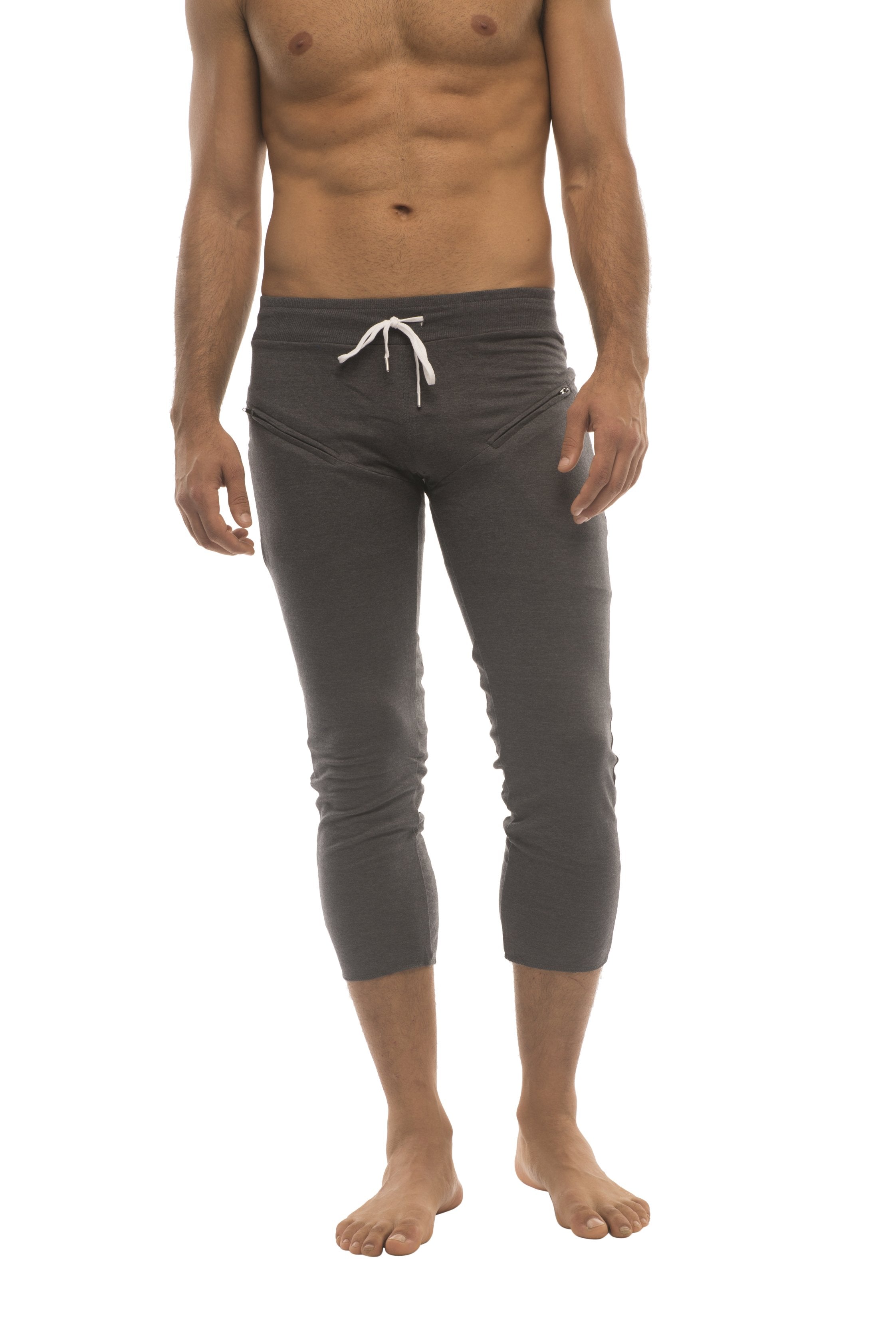 Mens solid charcoal 4/5 zipper pocket capri yoga pants with white drawstring waistband and side pockets
