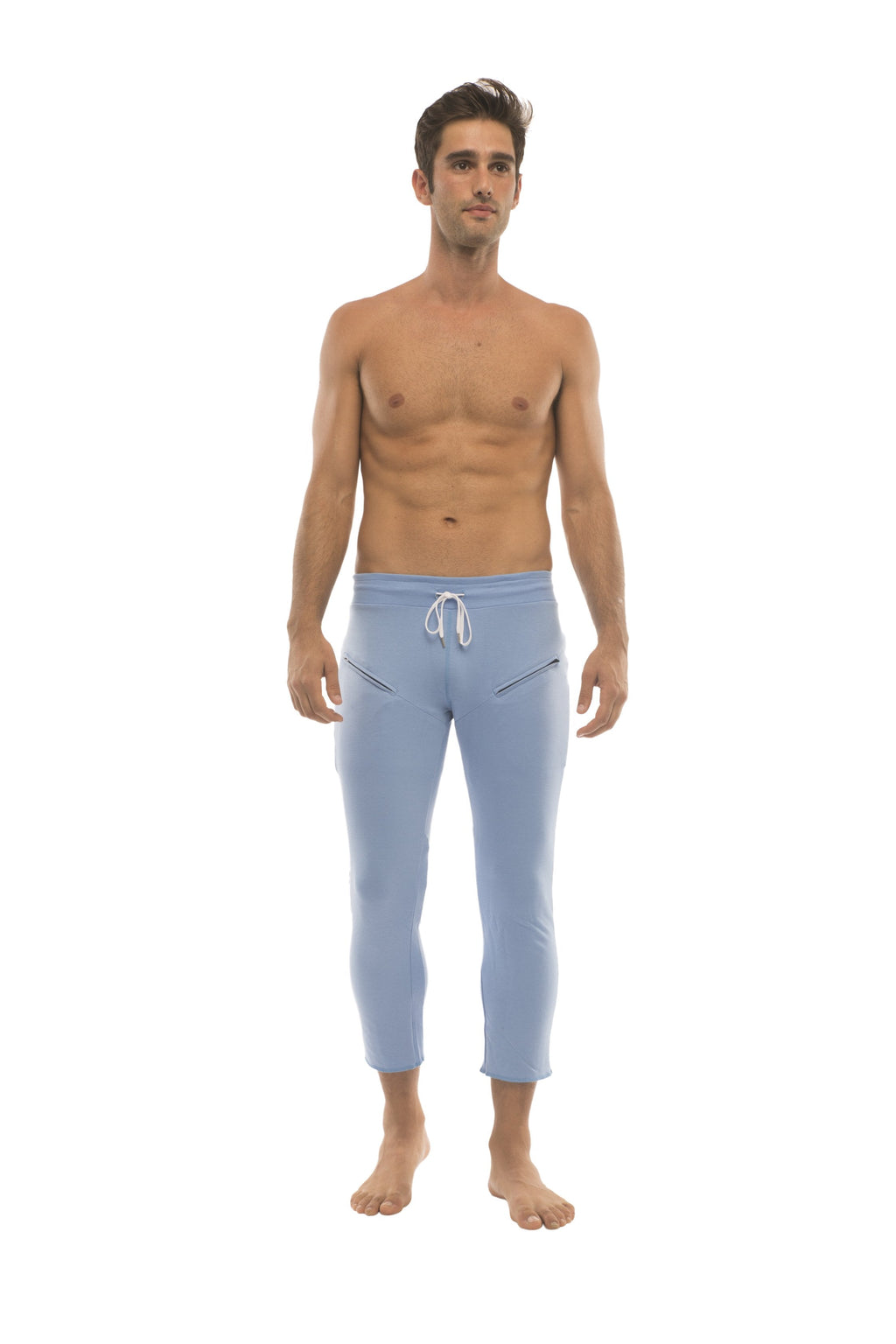 Mens ice blue capri yoga pants with white drawstring waistband and side pockets for athletic use