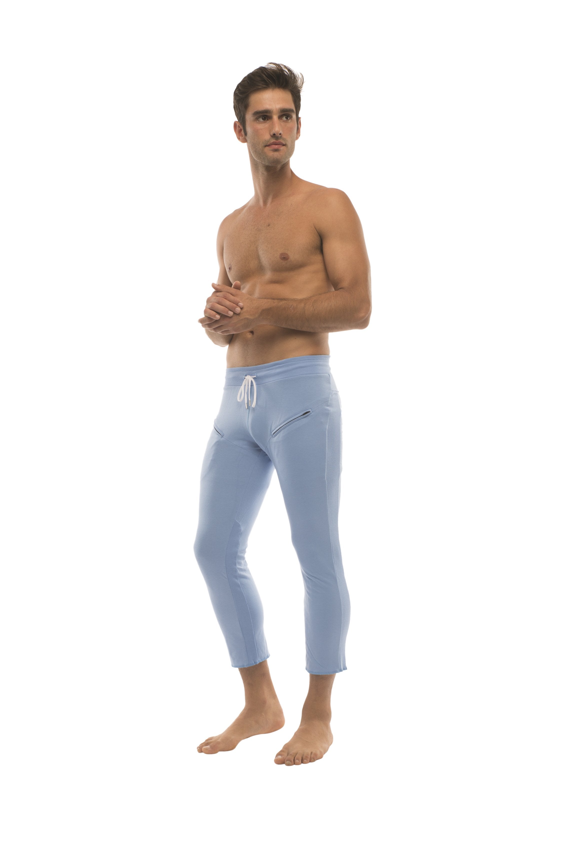 Men’s solid ice blue cropped jogger capri yoga pants with drawstring waistband and side zipper pockets
