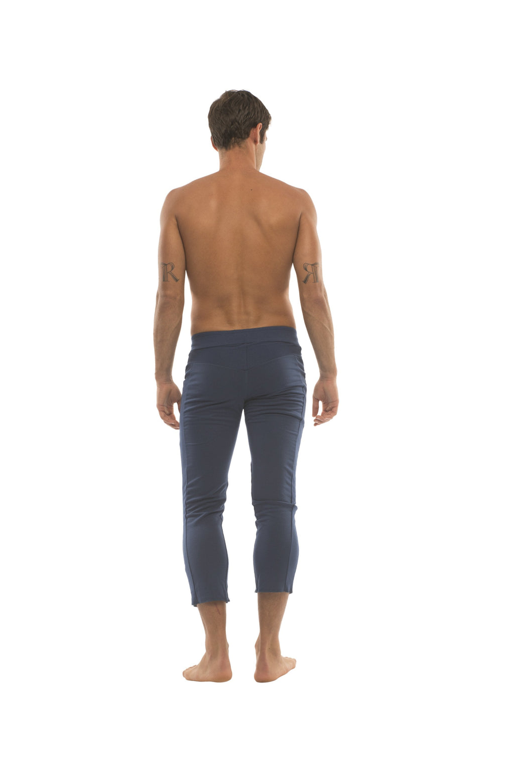 Navy blue mens cropped yoga capri pants with 4 zipper pockets ideal for activewear and casual use