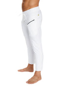 Mens white 4/5 zipper pocket capri yoga pants with drawstring waistband and black side pocket zipper detail