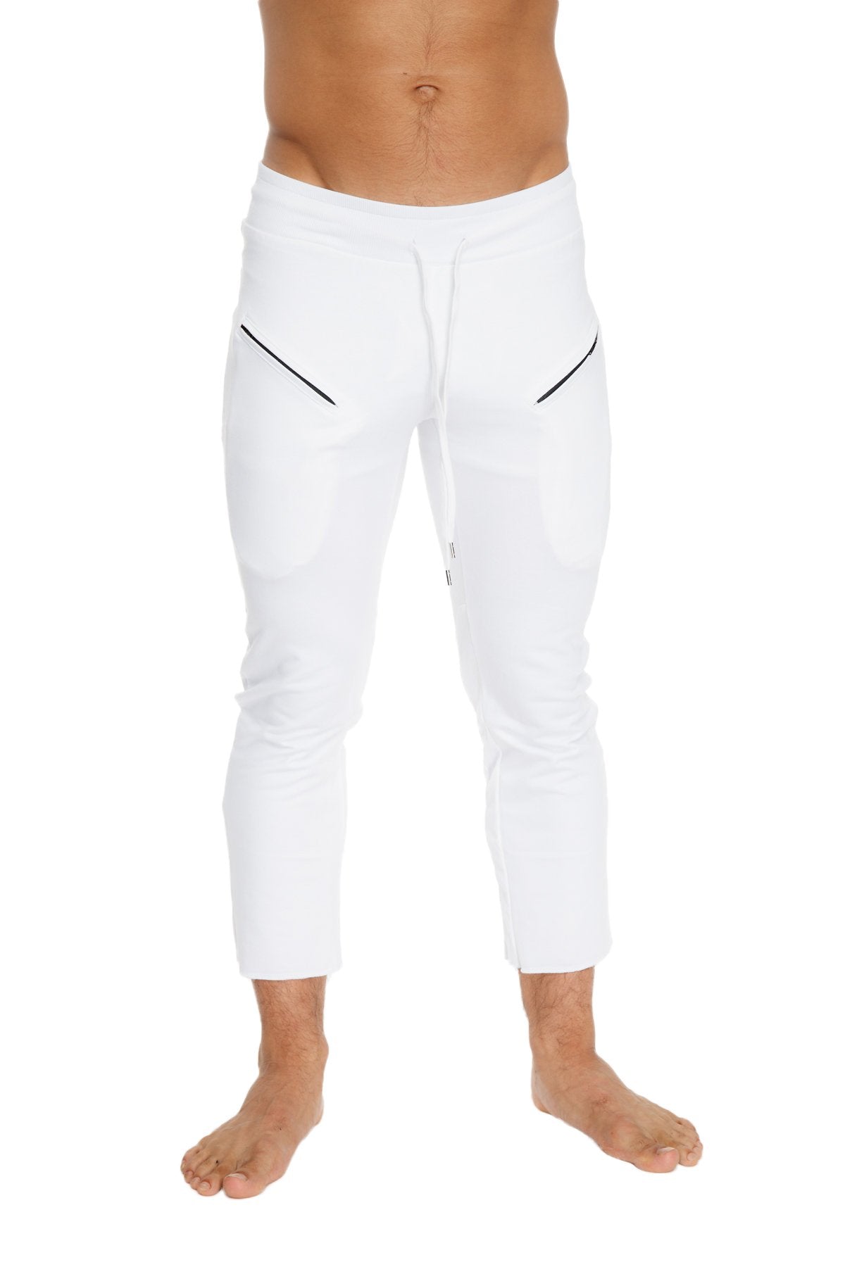 Mens white athletic capri yoga pants with black diagonal zipper pocket accents on the sides for secure storage
