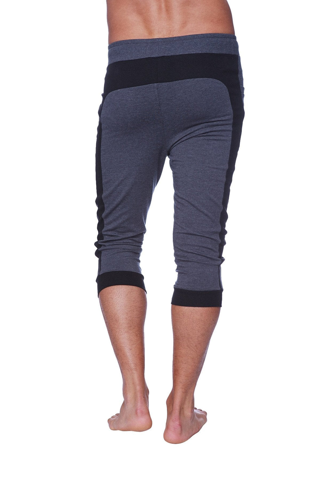 Mens cuffed yoga pants in charcoal with black featuring ribbed cuffs and waistband for athletic wear