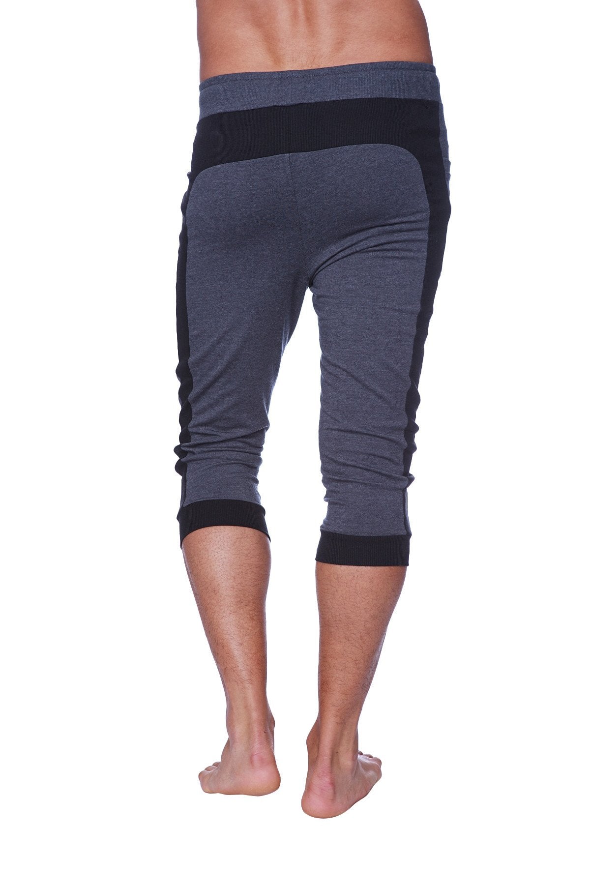 Mens cuffed yoga pants in charcoal with black featuring ribbed cuffs and waistband for athletic wear