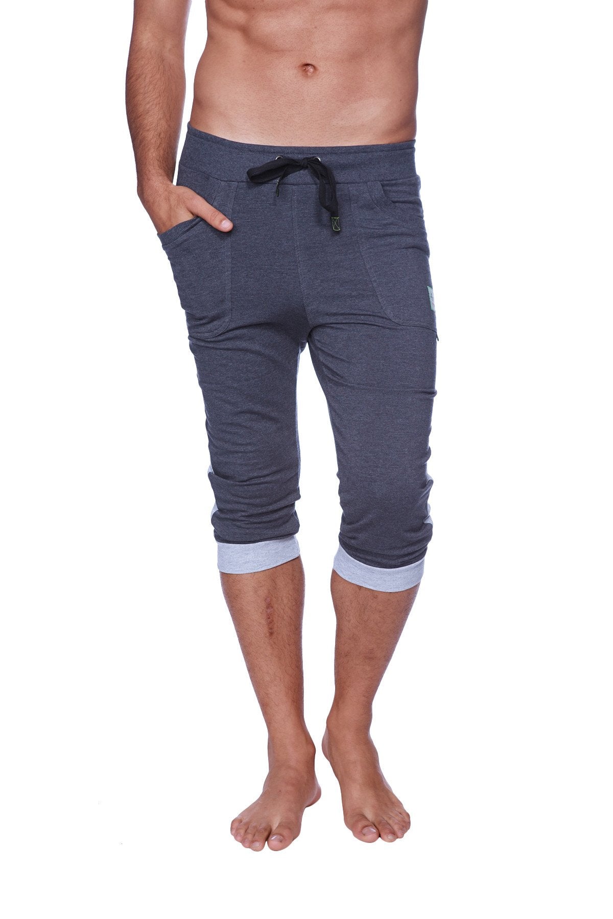 Mens cuffed yoga pants charcoal with heather grey featuring dark gray textured fabric and light blue rolled cuffs