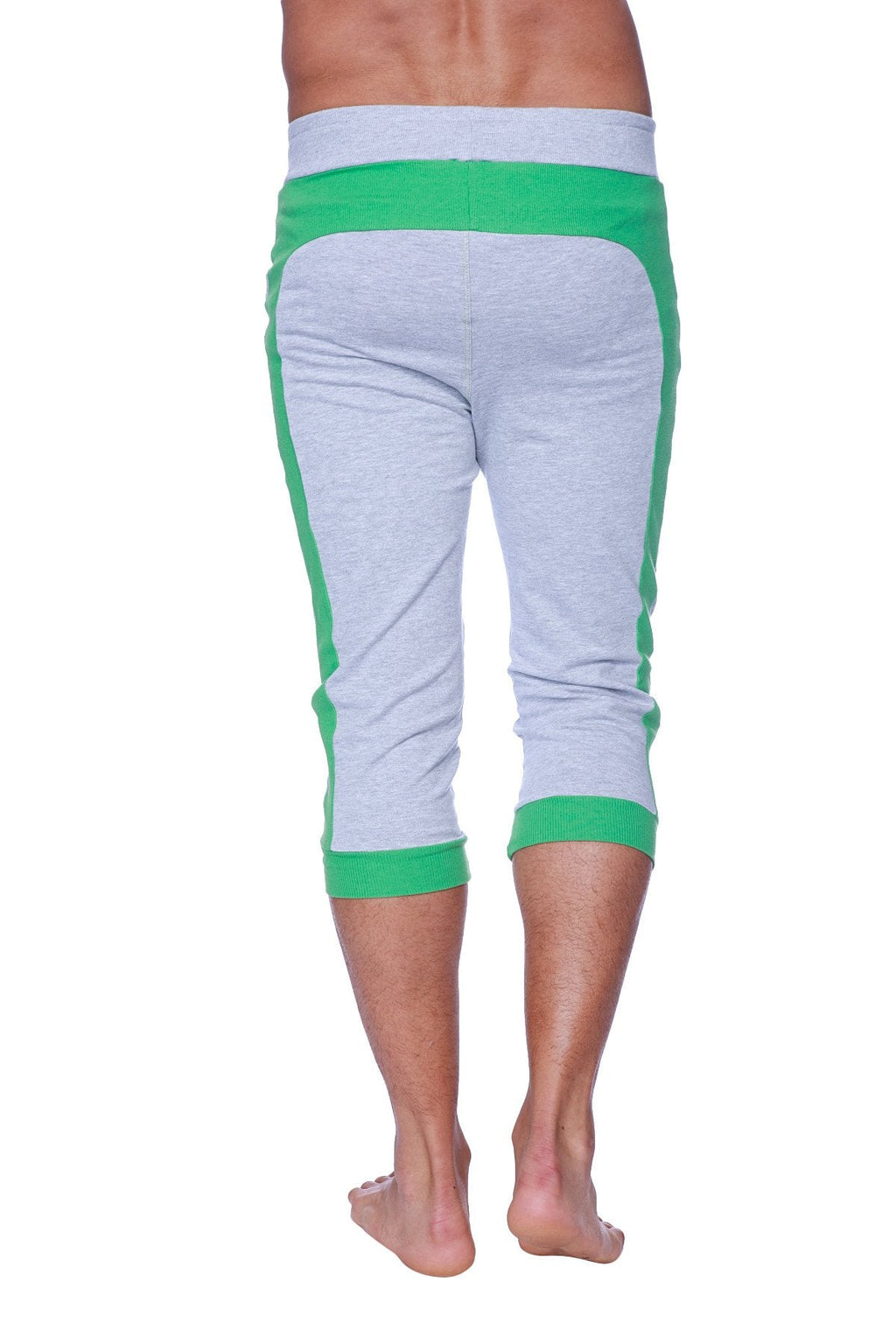 Mens cuffed yoga pants heather grey with green capri-length sweatpants with ribbed cuffs and waistband
