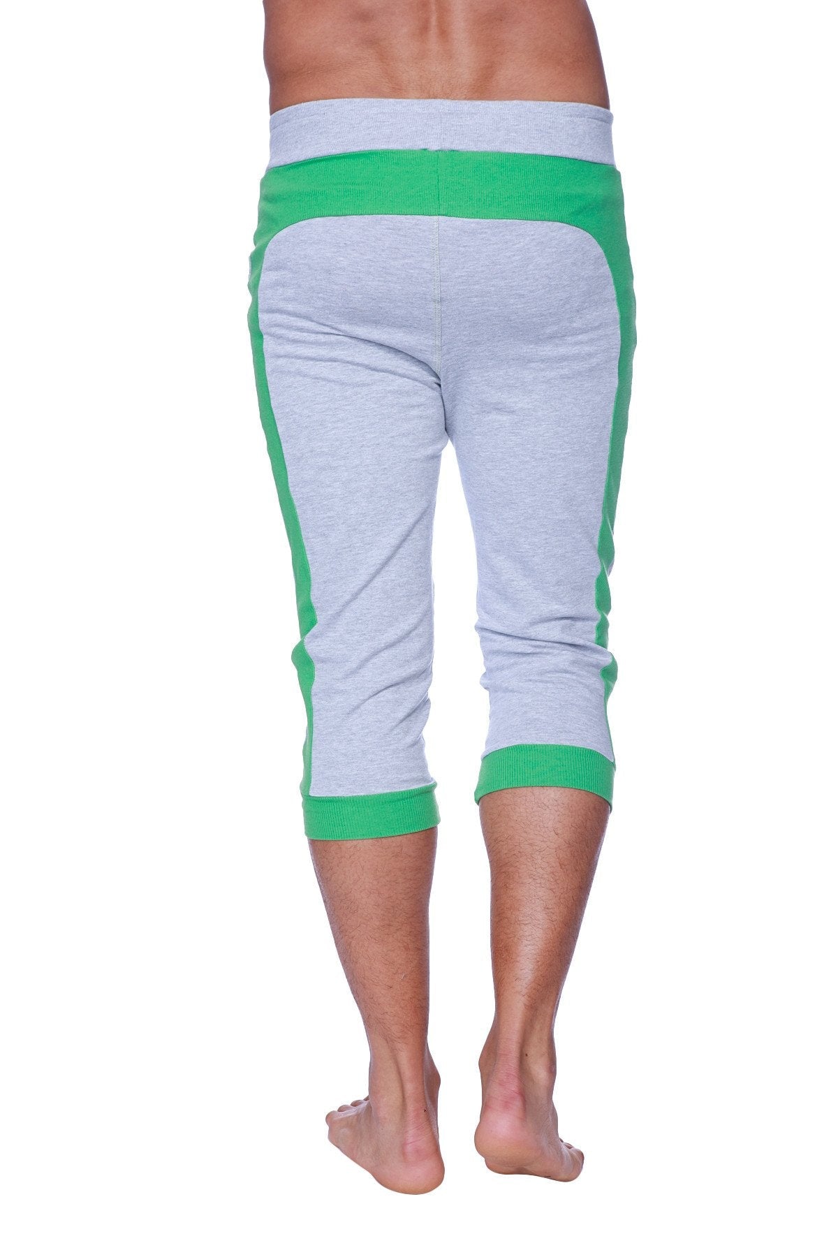 Mens cuffed yoga pants heather grey with green capri-length sweatpants with ribbed cuffs and waistband