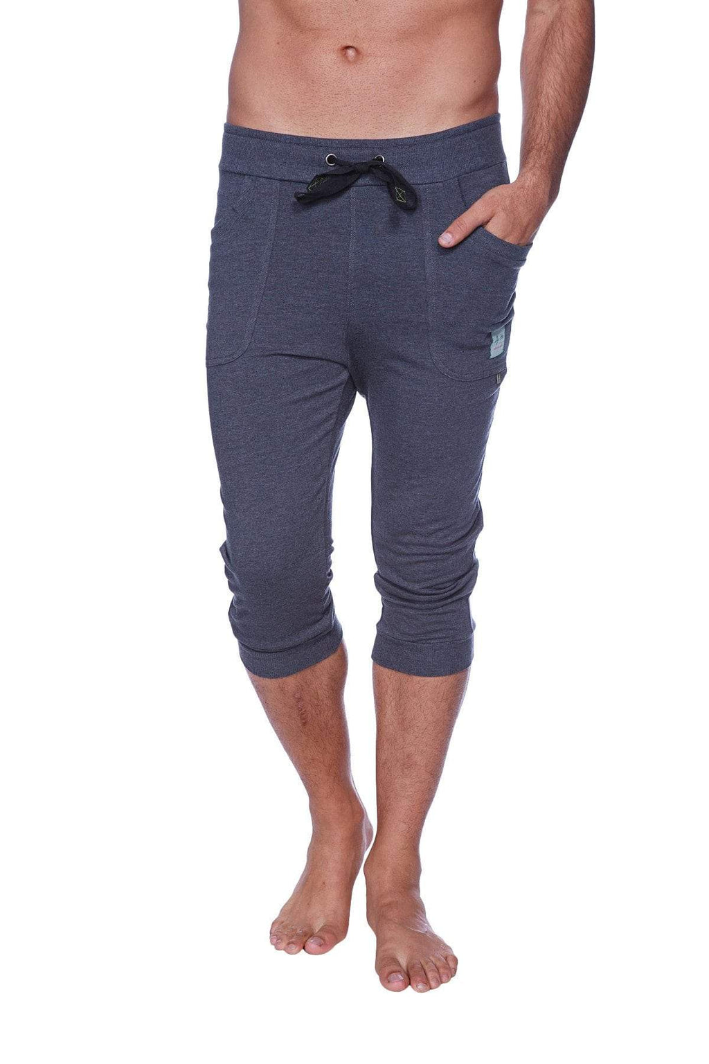 Dark gray heathered mens cuffed yoga pants with black drawstring waistband and side pockets in solid charcoal color