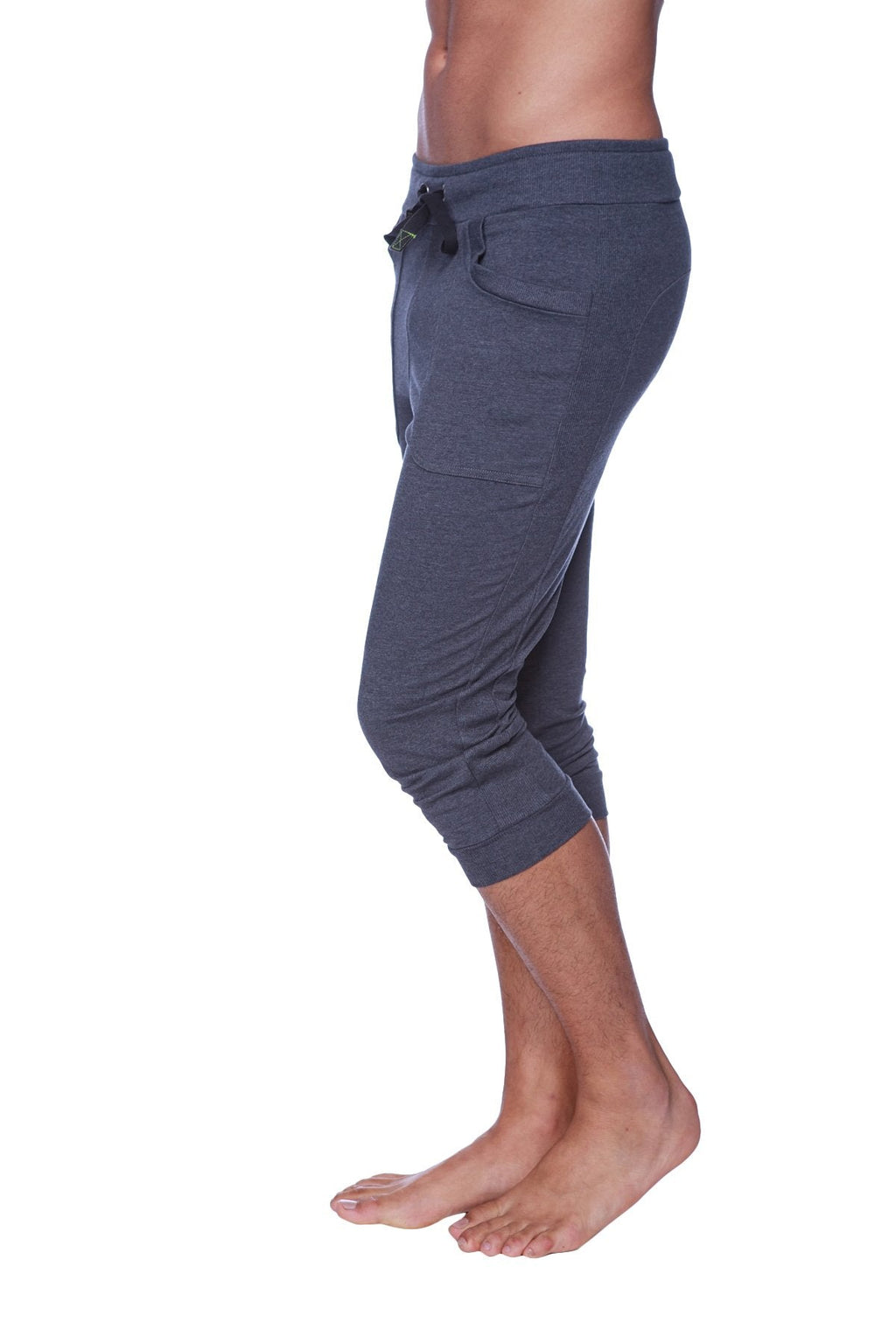 Mens cuffed yoga pants solid charcoal with dark gray soft textured fabric drawstring waistband and side pockets