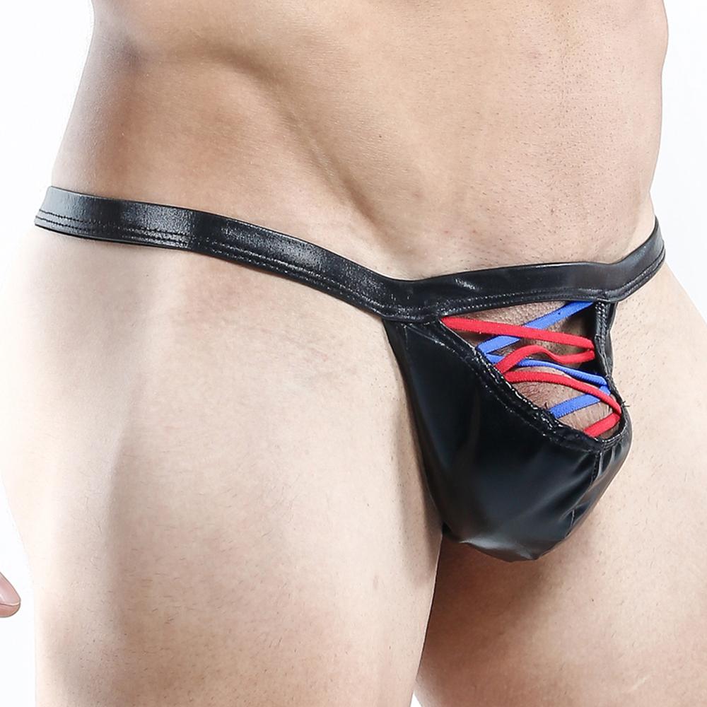 Black patent leather thong with red and blue lace-up detailing perfect combination miami jock g-string front view