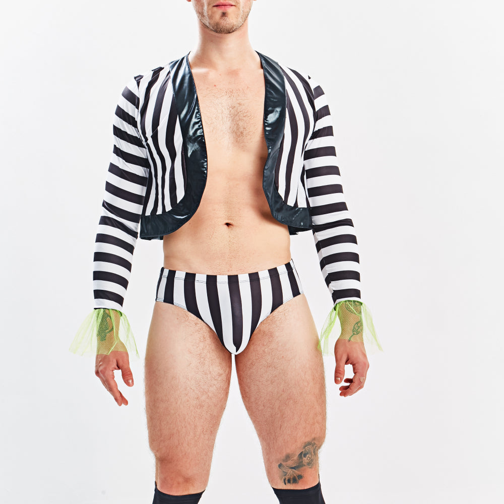 Black and white striped Miami Jock MJT009 costume set with shiny black patent leather lapels cuffs and waistband