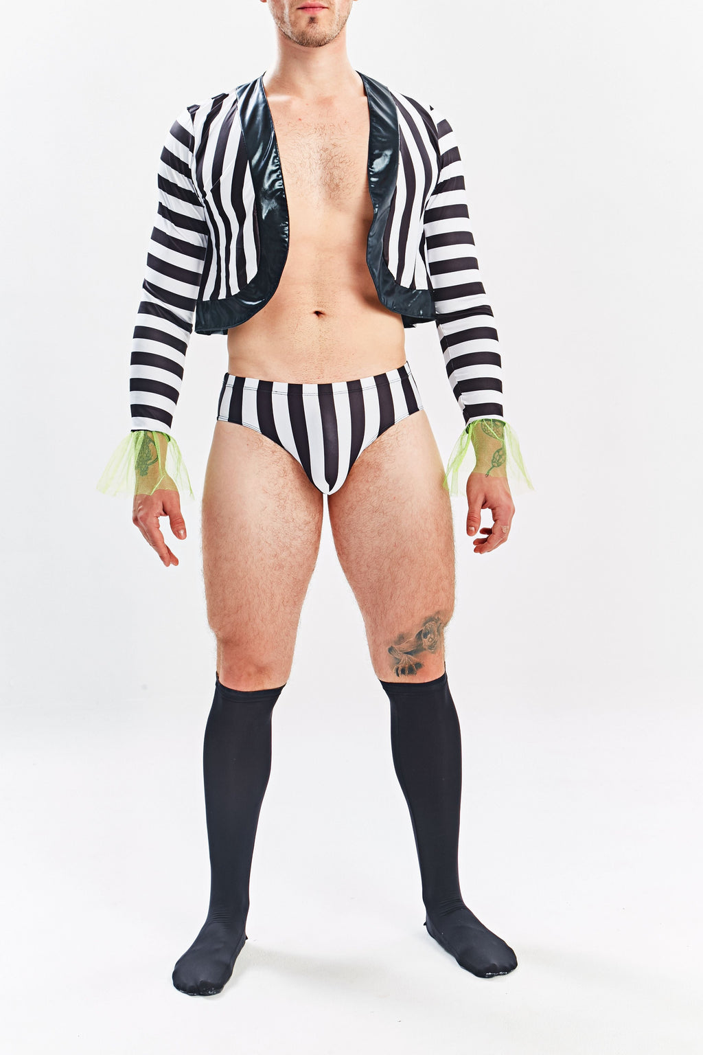 Black and white striped latex jacket with green sheer cuffs from the miami jock mJT009 set front view