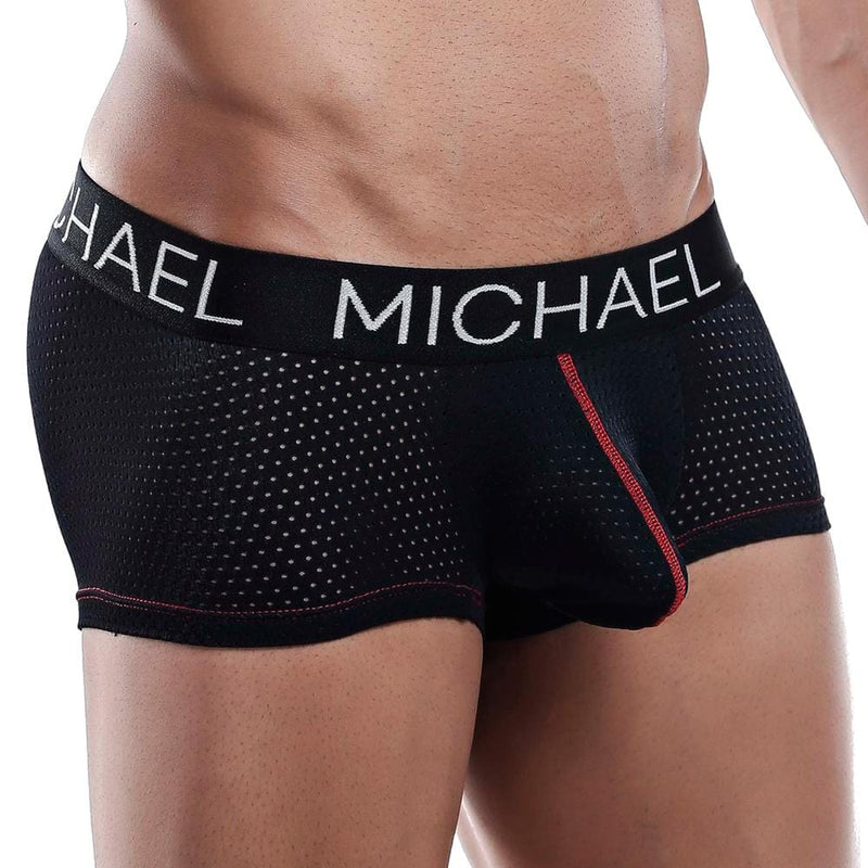 Black michael mlg013 boxer trunk men’s boxer briefs with perforated mesh design and red stitching accents