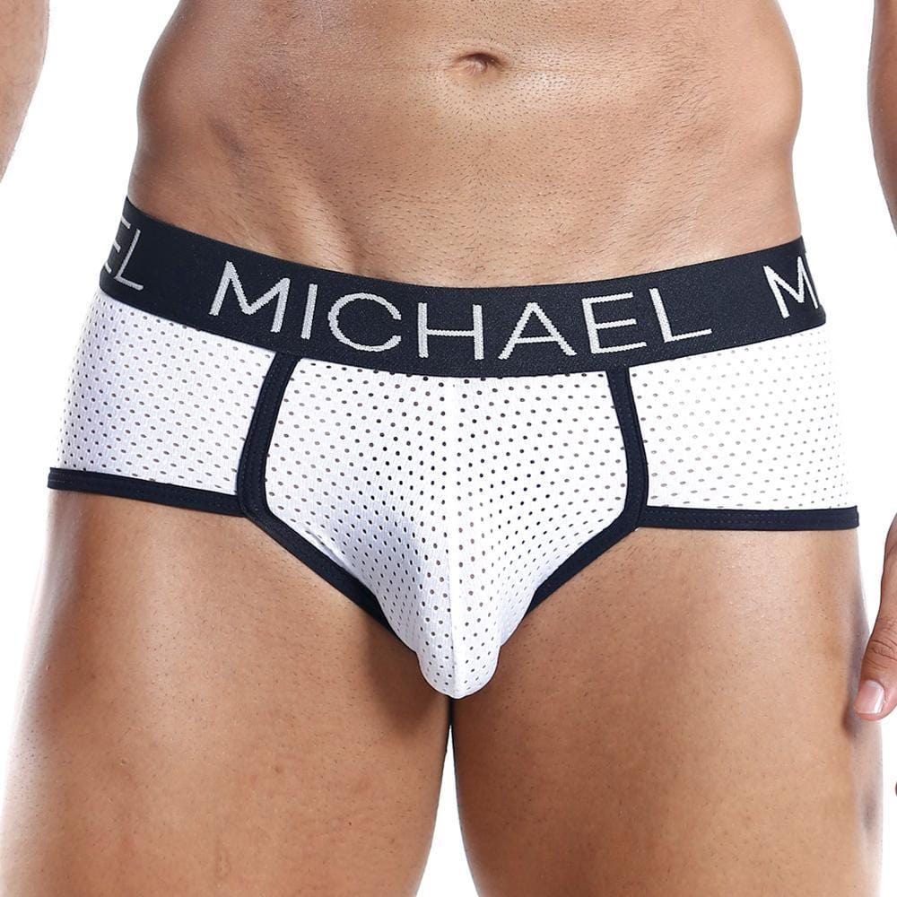 White perforated mesh briefs michael mlh005 with black elastic waistband featuring michael branding in white lettering