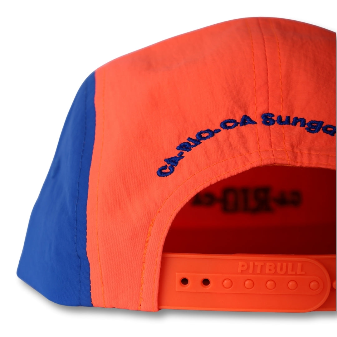 Bright orange and blue neon dream bike cap hat with embroidered cario ca sunga text on the back side