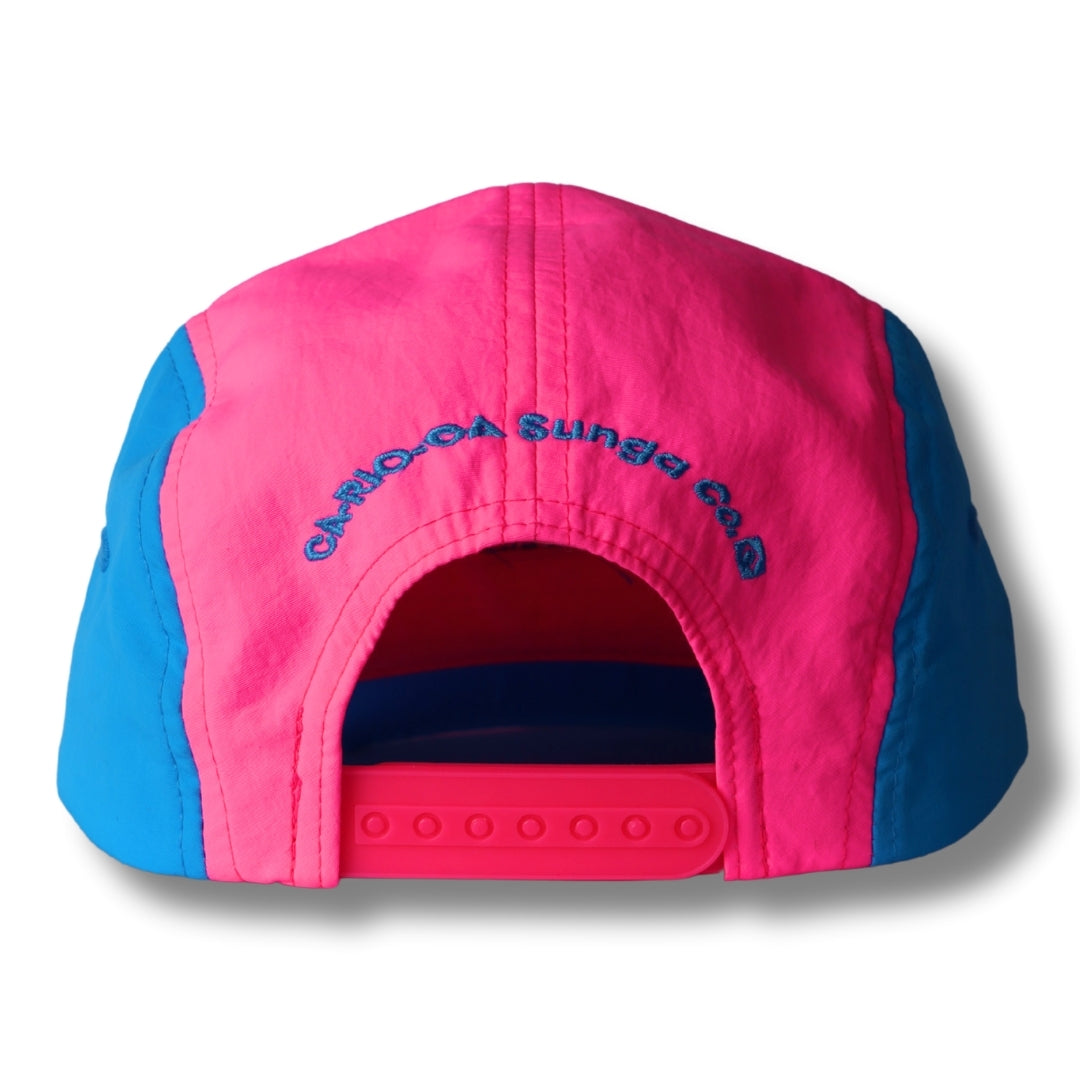 Back view of neon dream bike cap hat two tone snapback with vibrant pink and blue curved embroidered logo