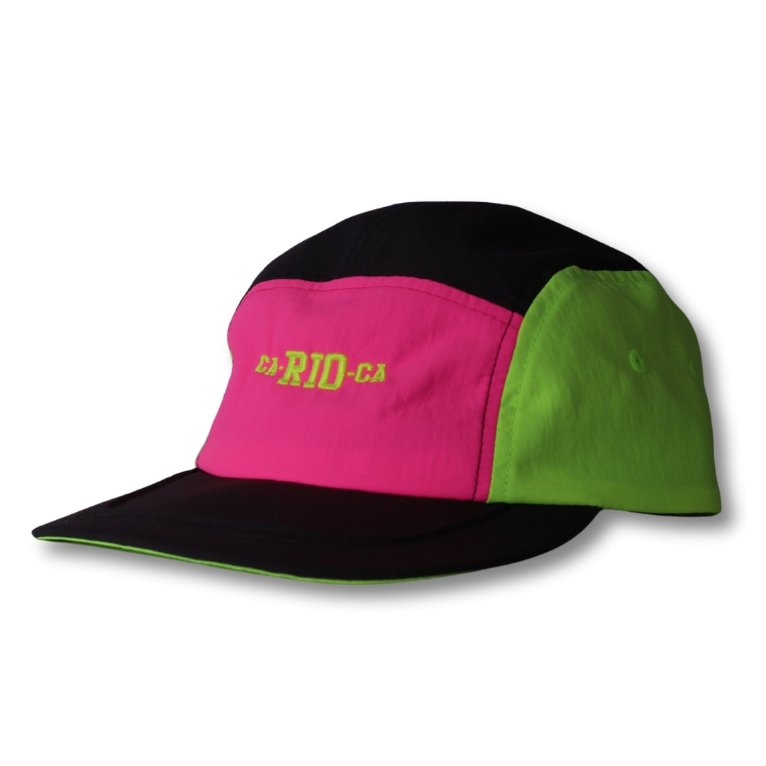 A vibrant neon dream bike cap hat featuring a five-panel design with black brim pink front and lime green sides