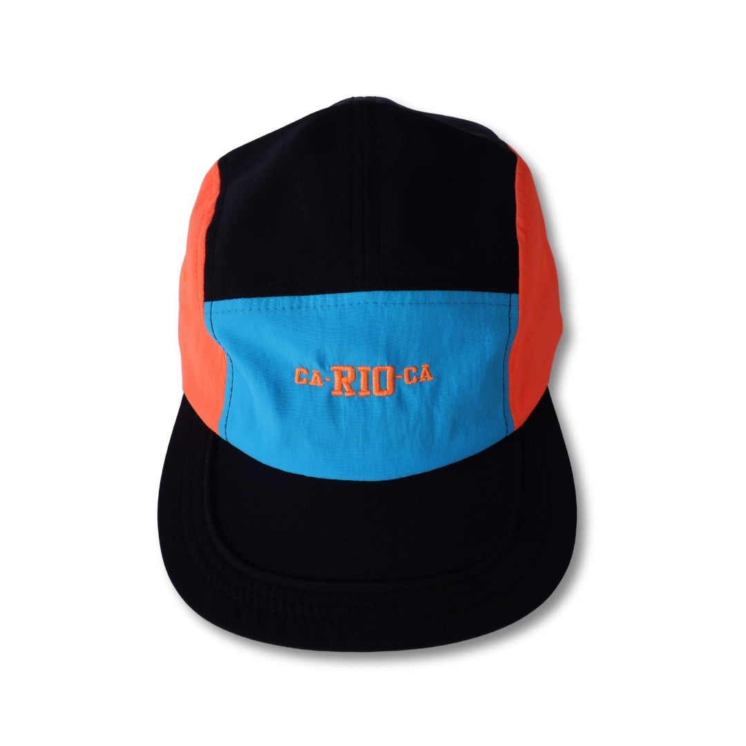 Neon dream bike cap hat in black orange and blue with ca rio ca embroidered in orange on the front panel