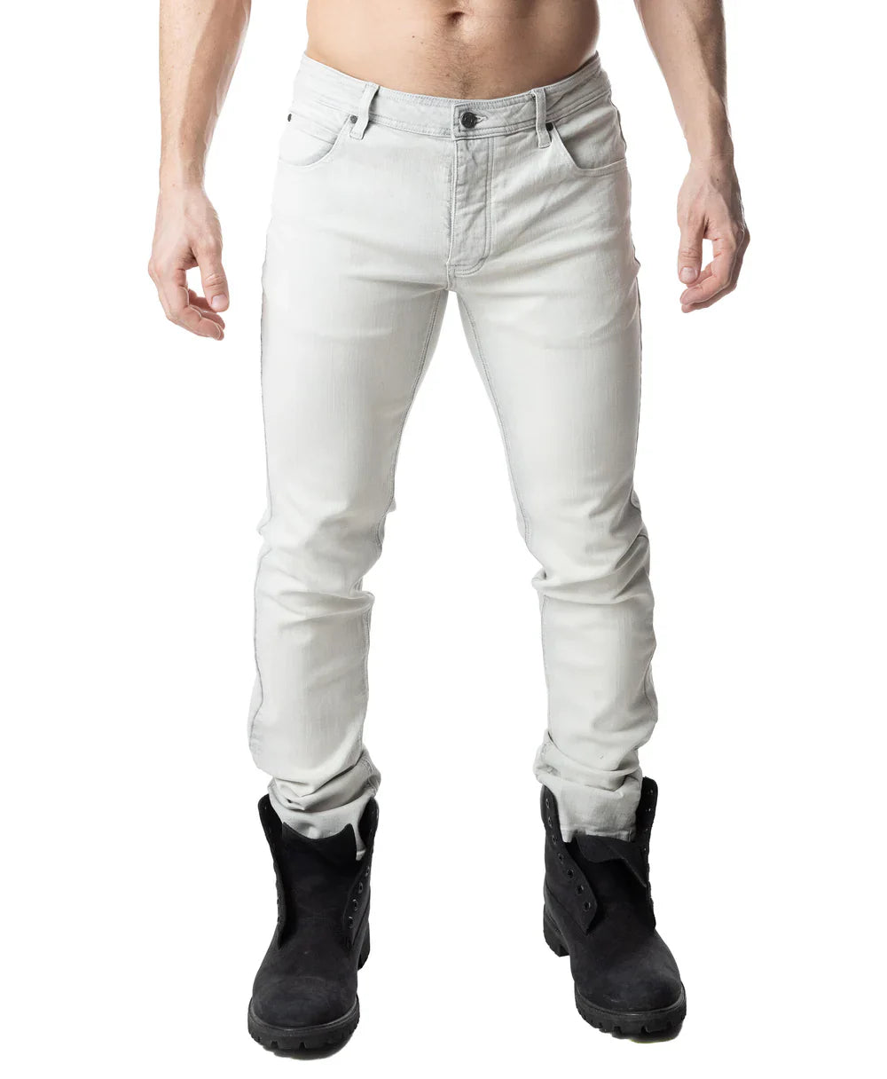 Light gray slim-fit denim jeans with classic five-pocket design and rolled cuffs in bleached style