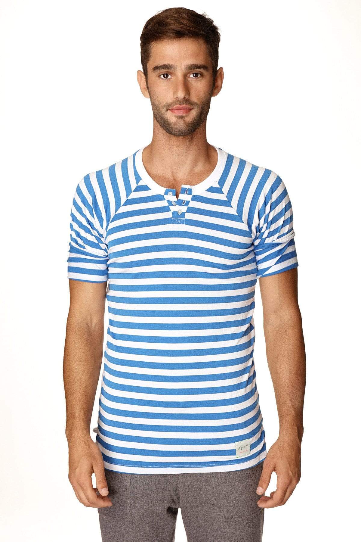 Blue and white stripe short-sleeved henley tee with buttoned placket perfect for nautical and resort wear