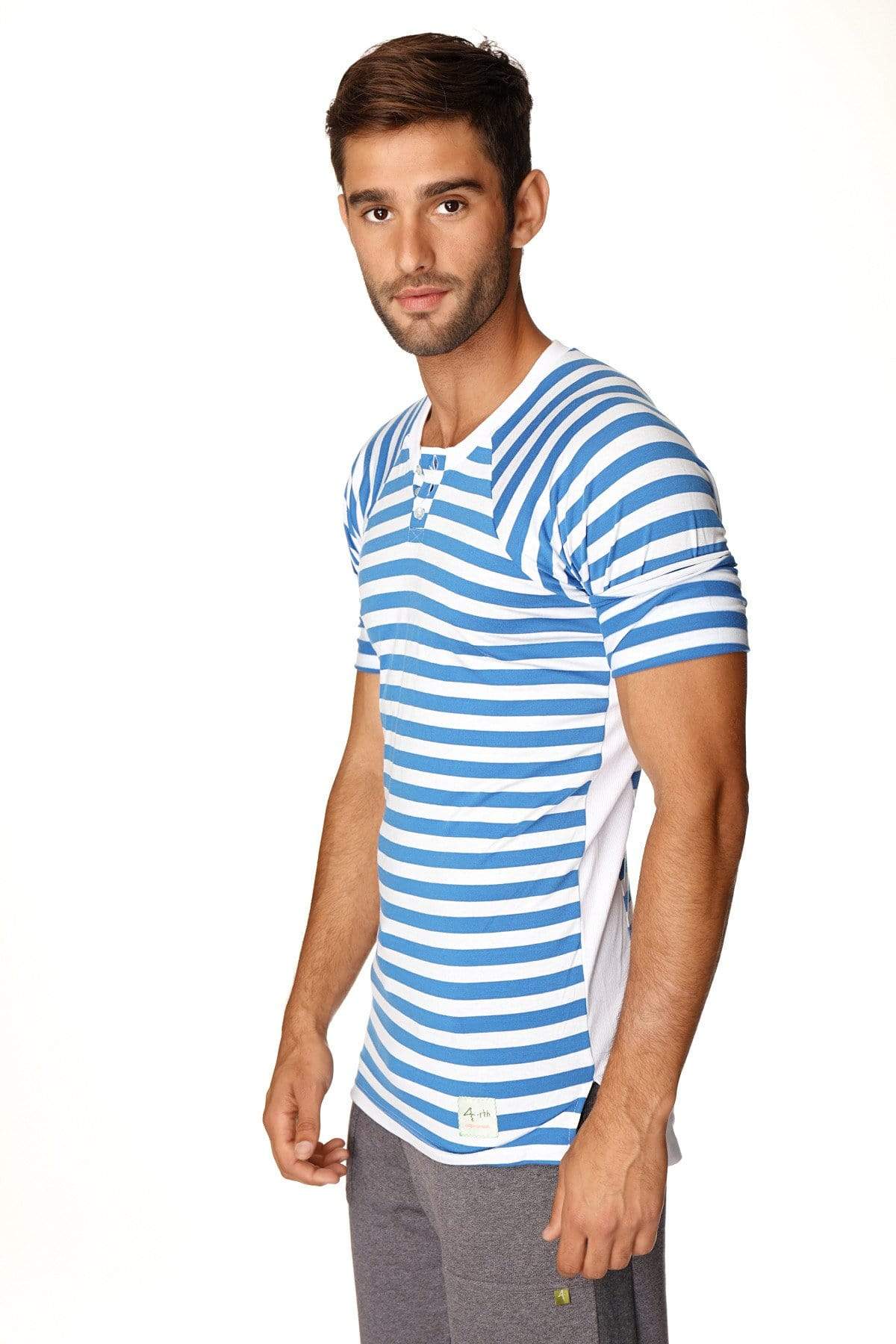 Blue and white striped short-sleeved henley tee with buttoned placket in breathable fabric for casual wear
