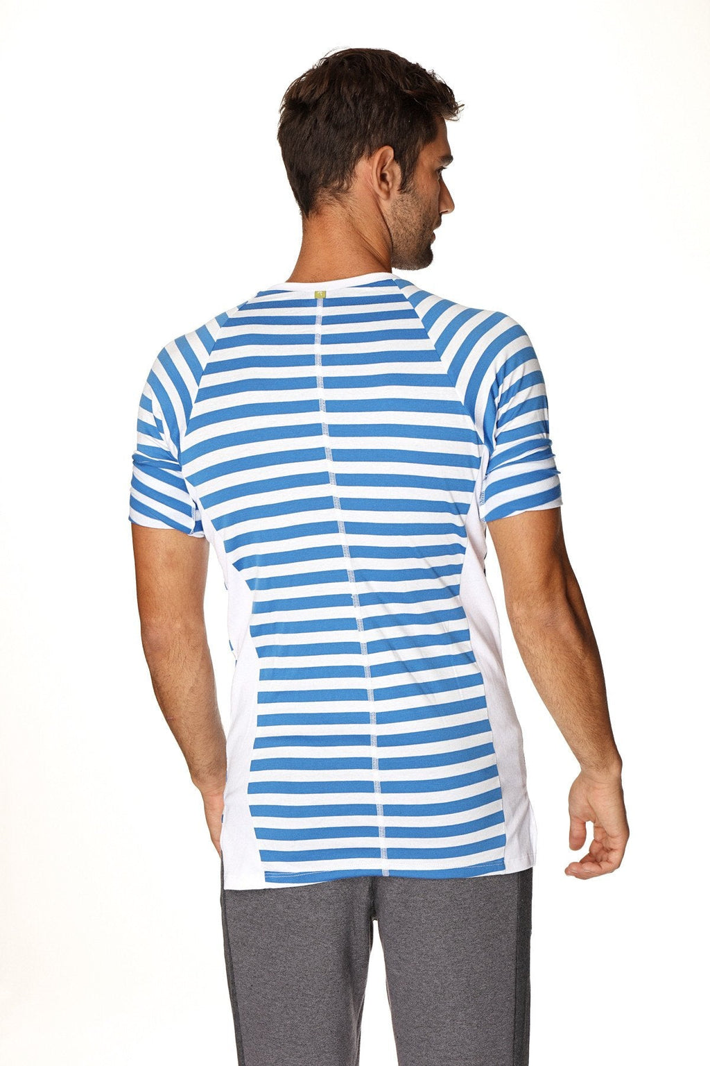 Back view of a blue and white striped short-sleeved nautical raglan resort henley tee with central zipper detail