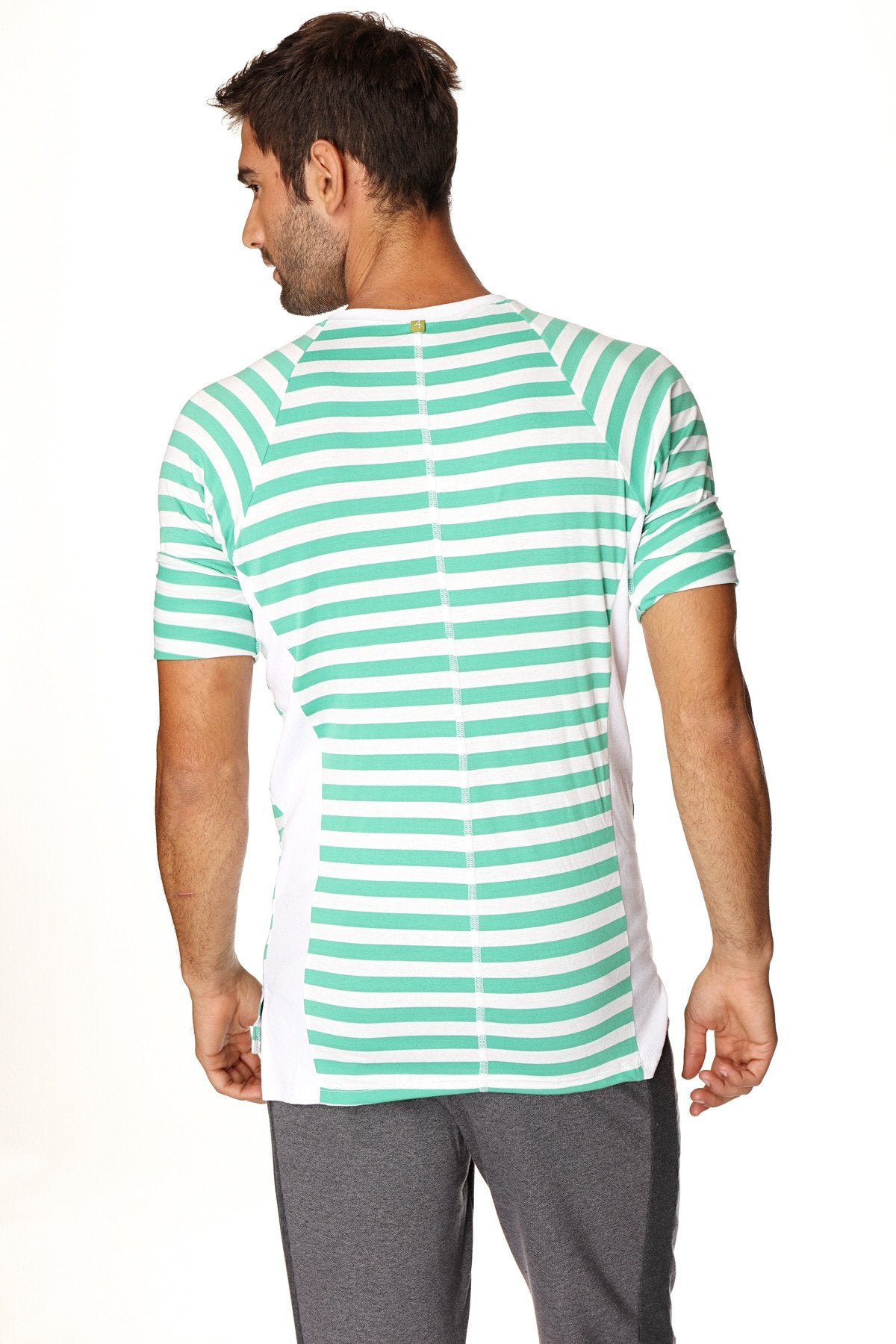 A men’s short-sleeved nautical raglan resort henley tee with mint green and white horizontal stripes