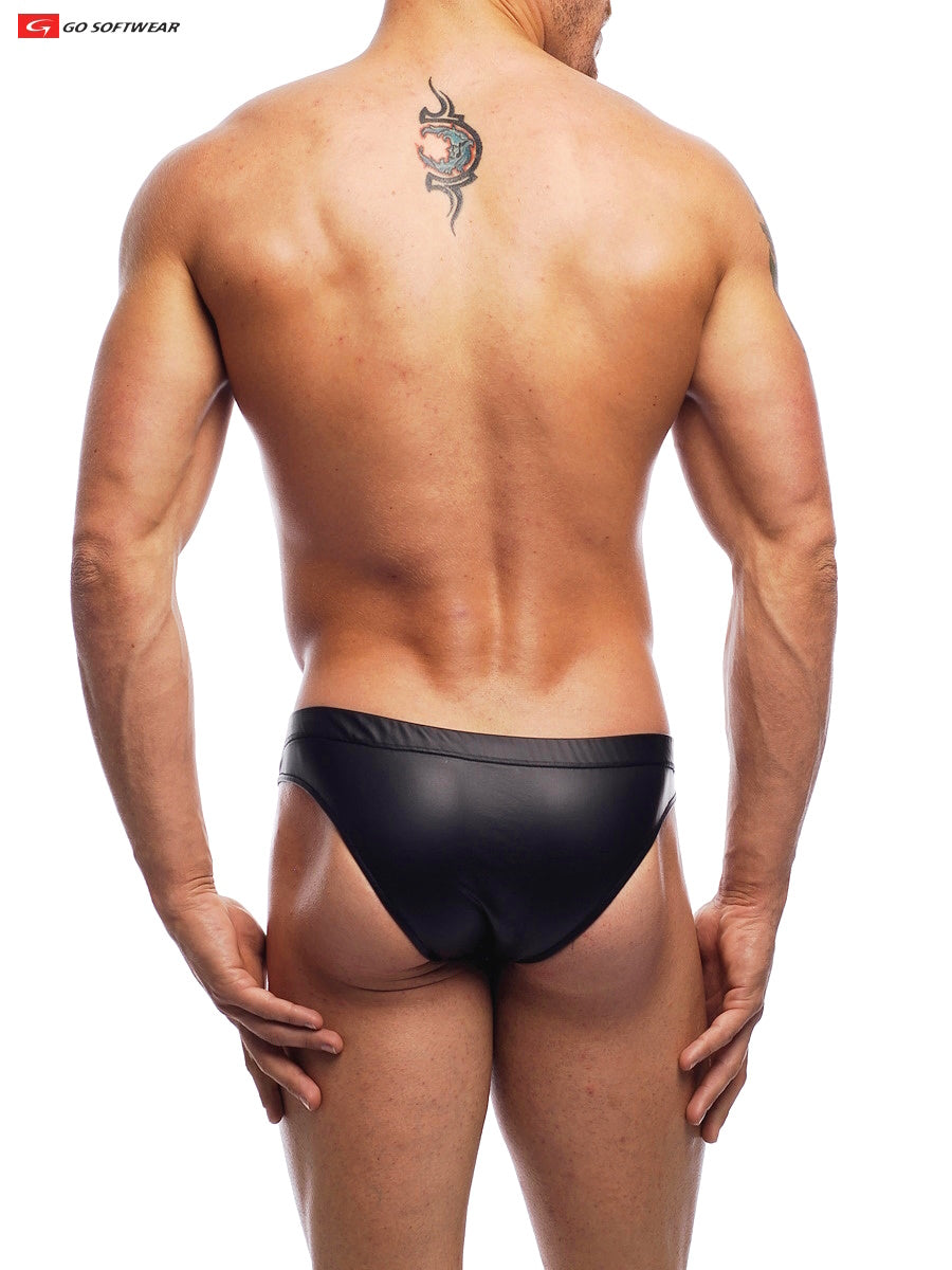 Black glossy pleather briefs with sleek form-fitting design for the Noir zip-up pleather bikini front view