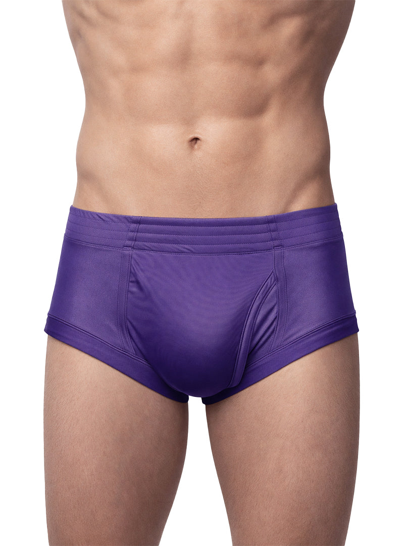 Purple nylon tricot briefs with left side fly smooth glossy satin finish and subtle seam detailing