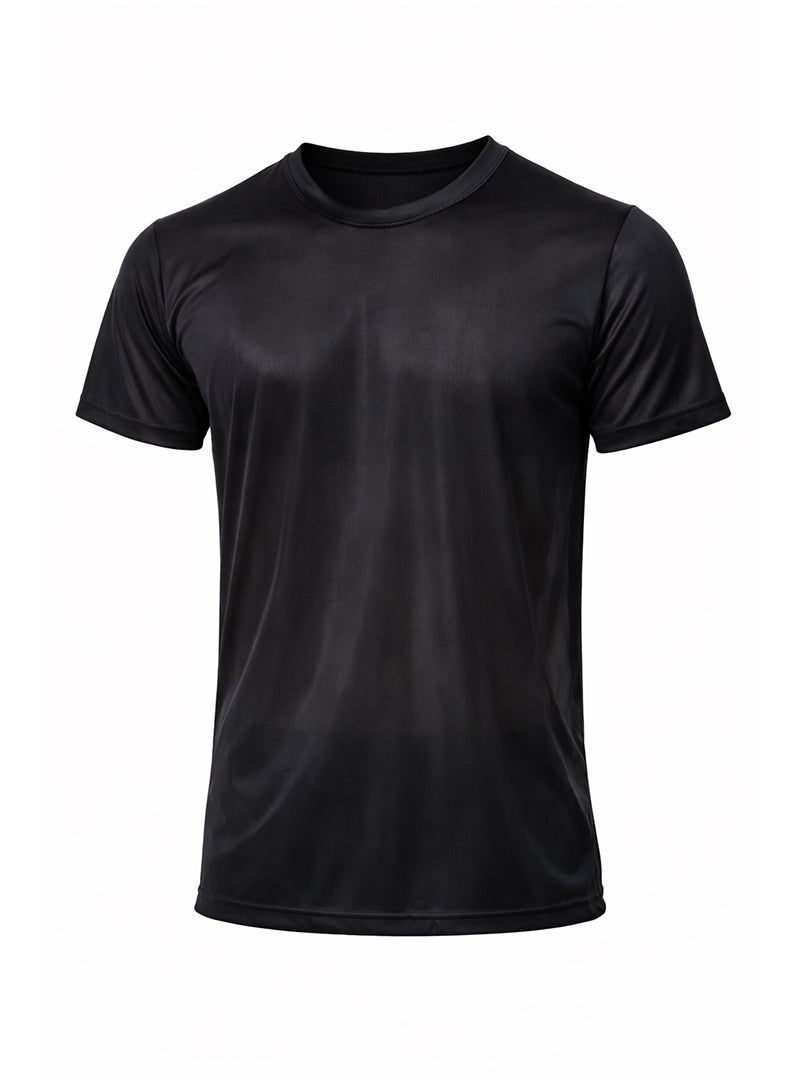 Black short-sleeved nylon tricot crew neck t-shirt made of smooth performance fabric for athletic use