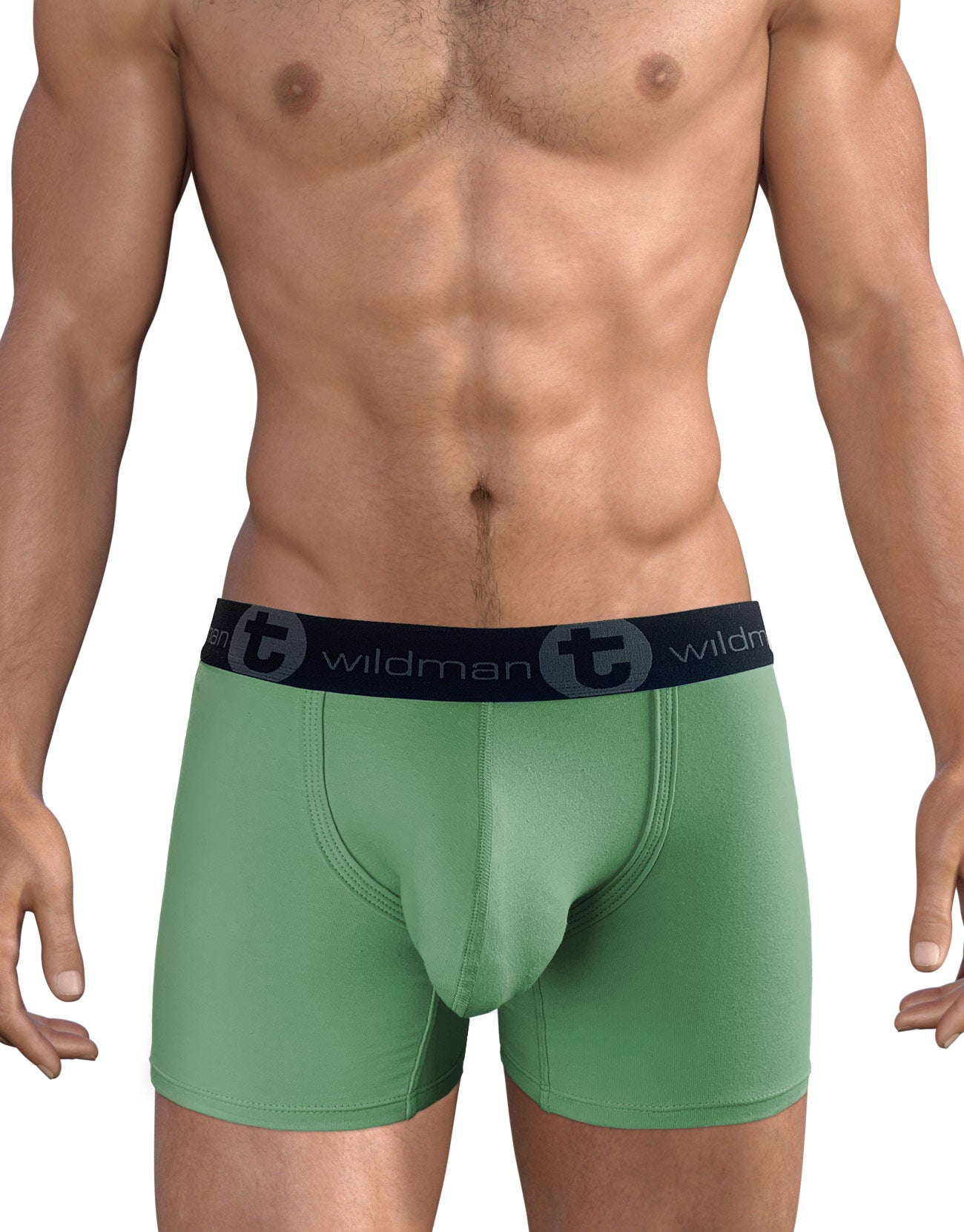 Green 5-inch inseam boxer briefs with a contoured pouch and black elastic waistband featuring the Wildman logo.