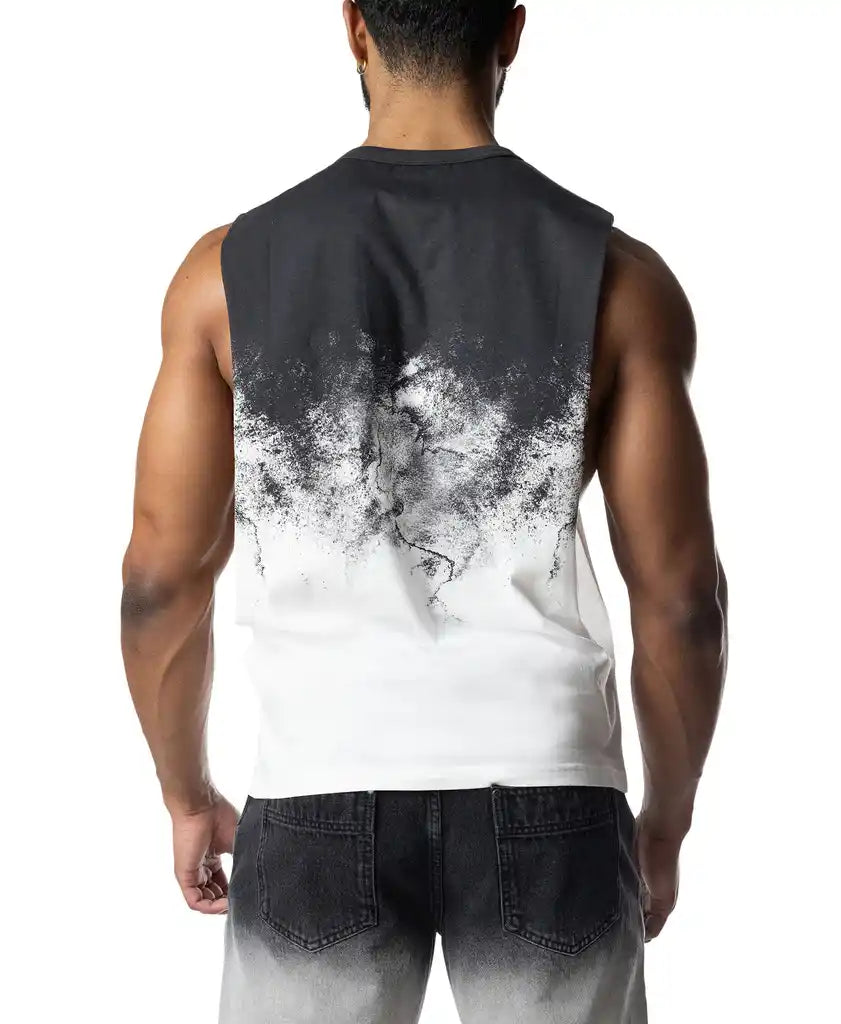 Oxidize brandmark shredder black and white gradient sleeveless tank top with textured abstract splatter design