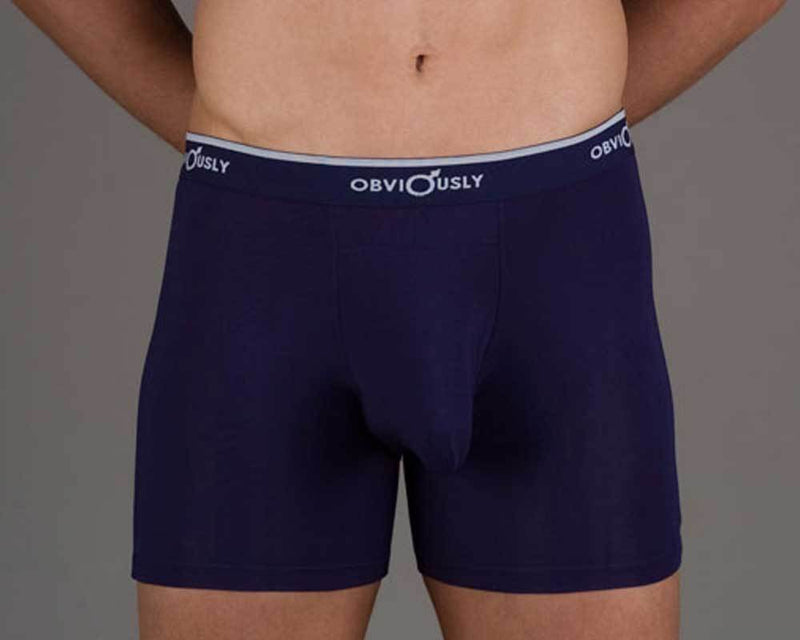 Navy blue obviously mae chromatic full cut boxer briefs with white waistband featuring obviously logo in black text