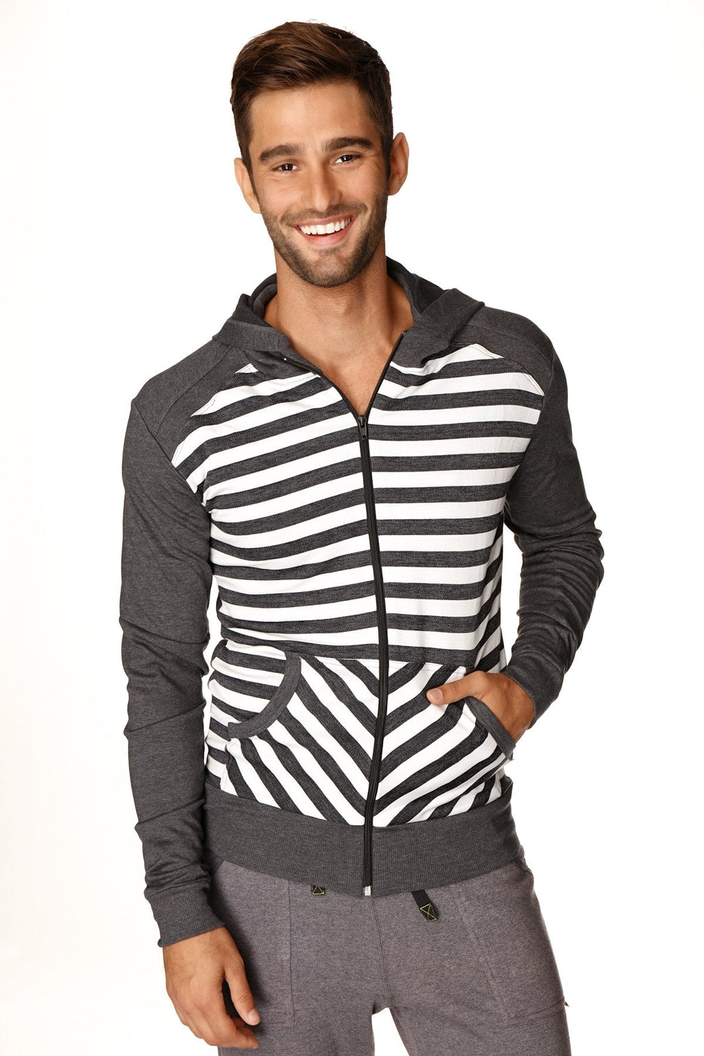 Men’s form-fit crossover yoga track performance fleece hoodie charcoal stripe with black and white chest stripes