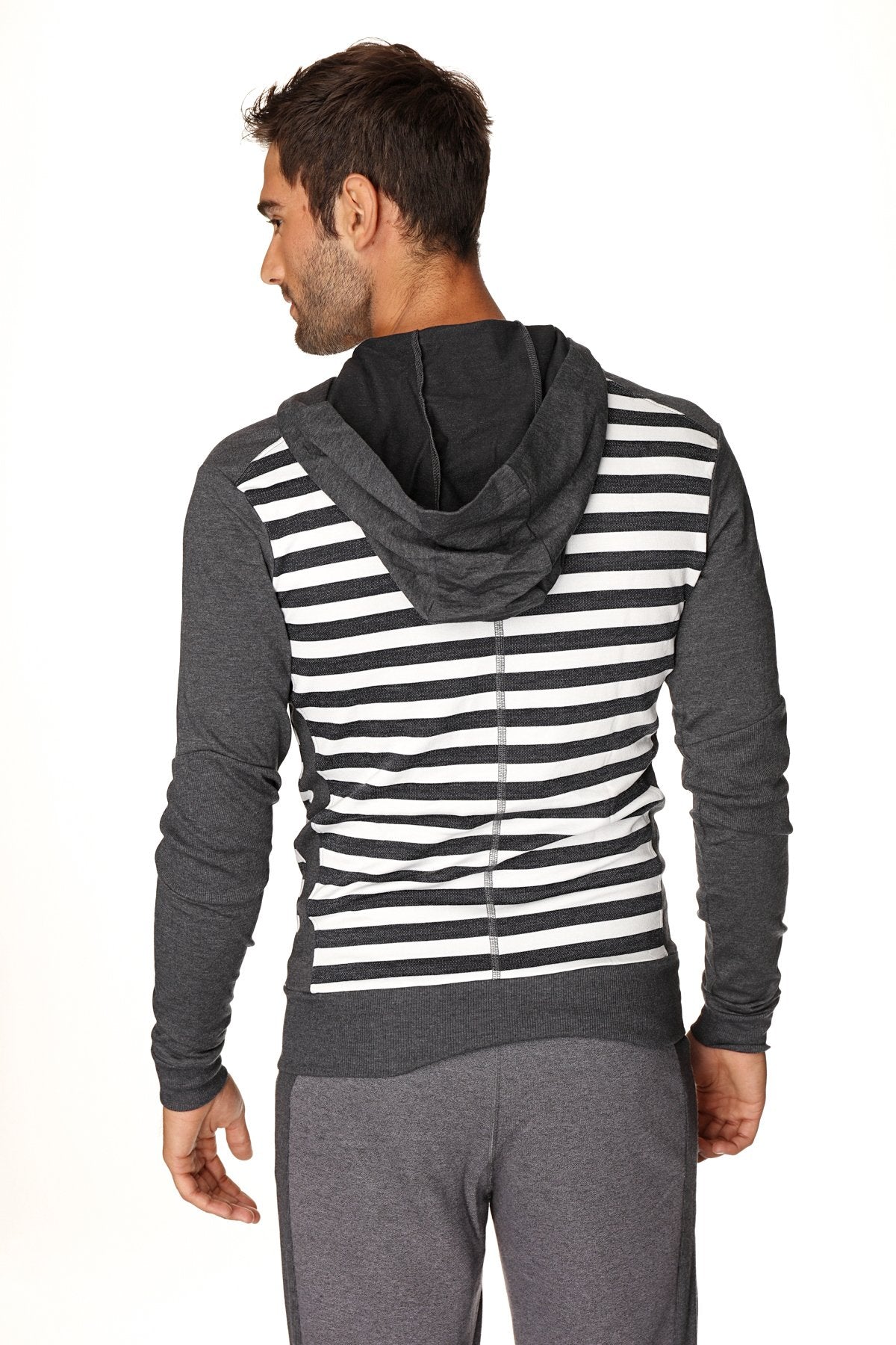 Men’s original limited edition form-fit crossover yoga track fleece hoodie in charcoal stripe with zip-up front
