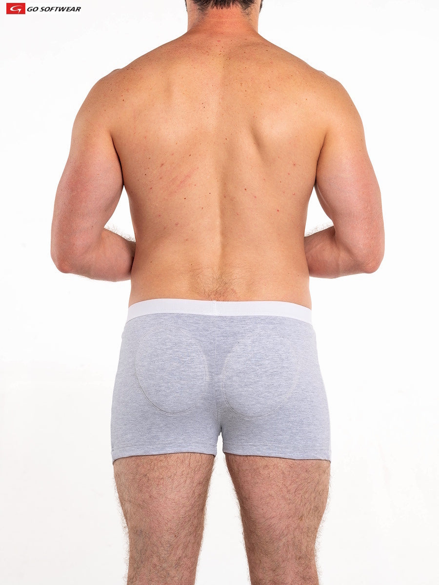 Back view of original padded butt boxer brief gray heathered briefs with white elastic waistband and subtle padding